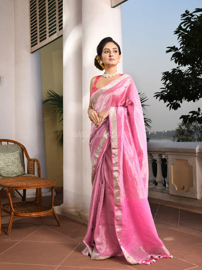 Pink Linen Zari Tissue Handwoven tissue saree