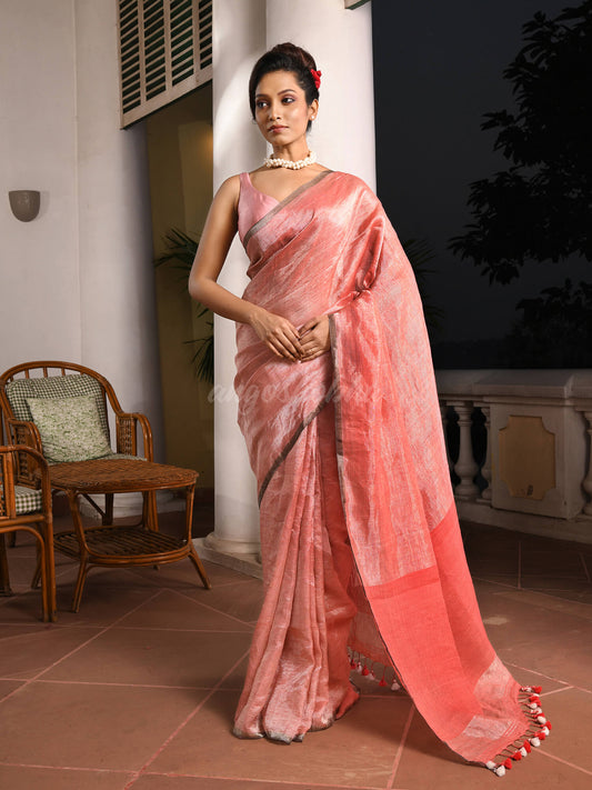 Peach Orange Linen Zari Tissue Handwoven tissue saree