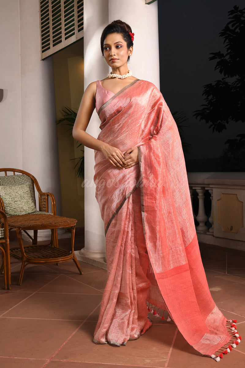 Peach Orange Linen Zari Tissue Handwoven Saree