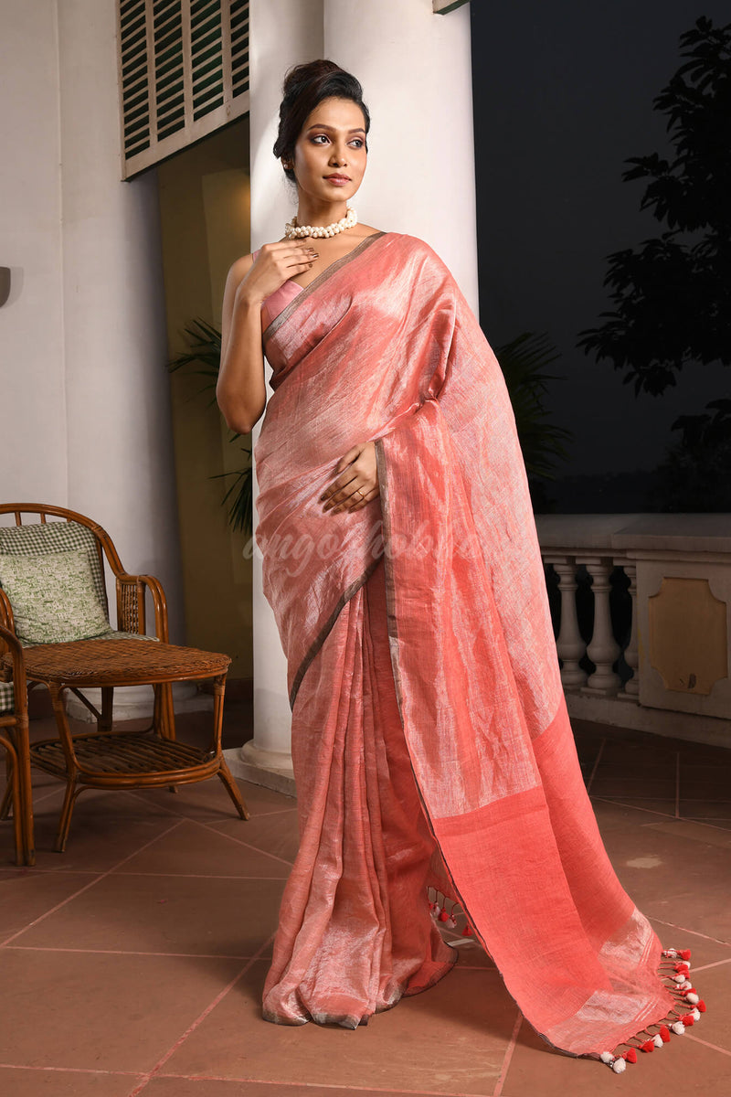 Peach Orange Linen Zari Tissue Handwoven Saree