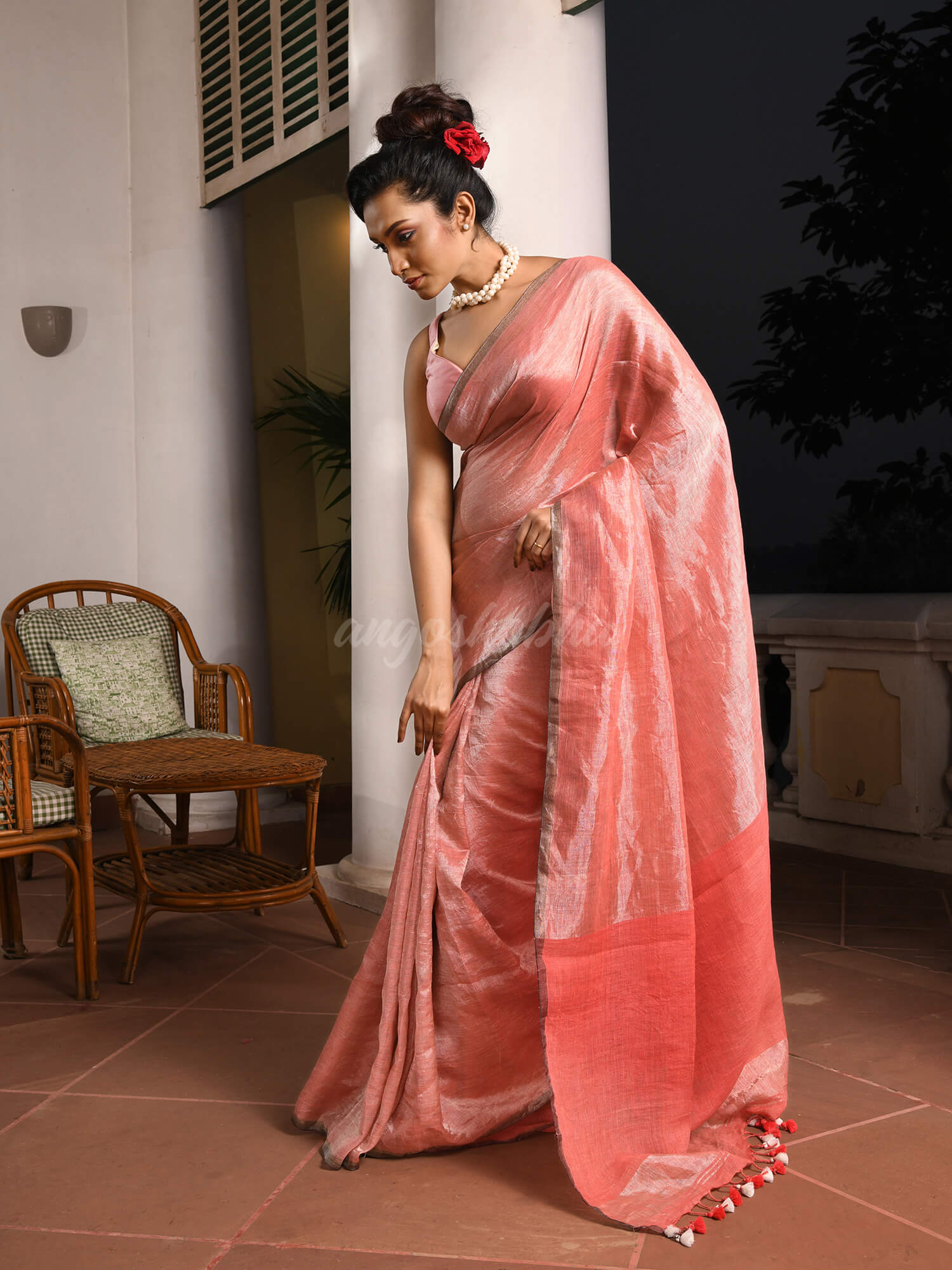 Peach Orange Linen Zari Tissue Handwoven tissue saree