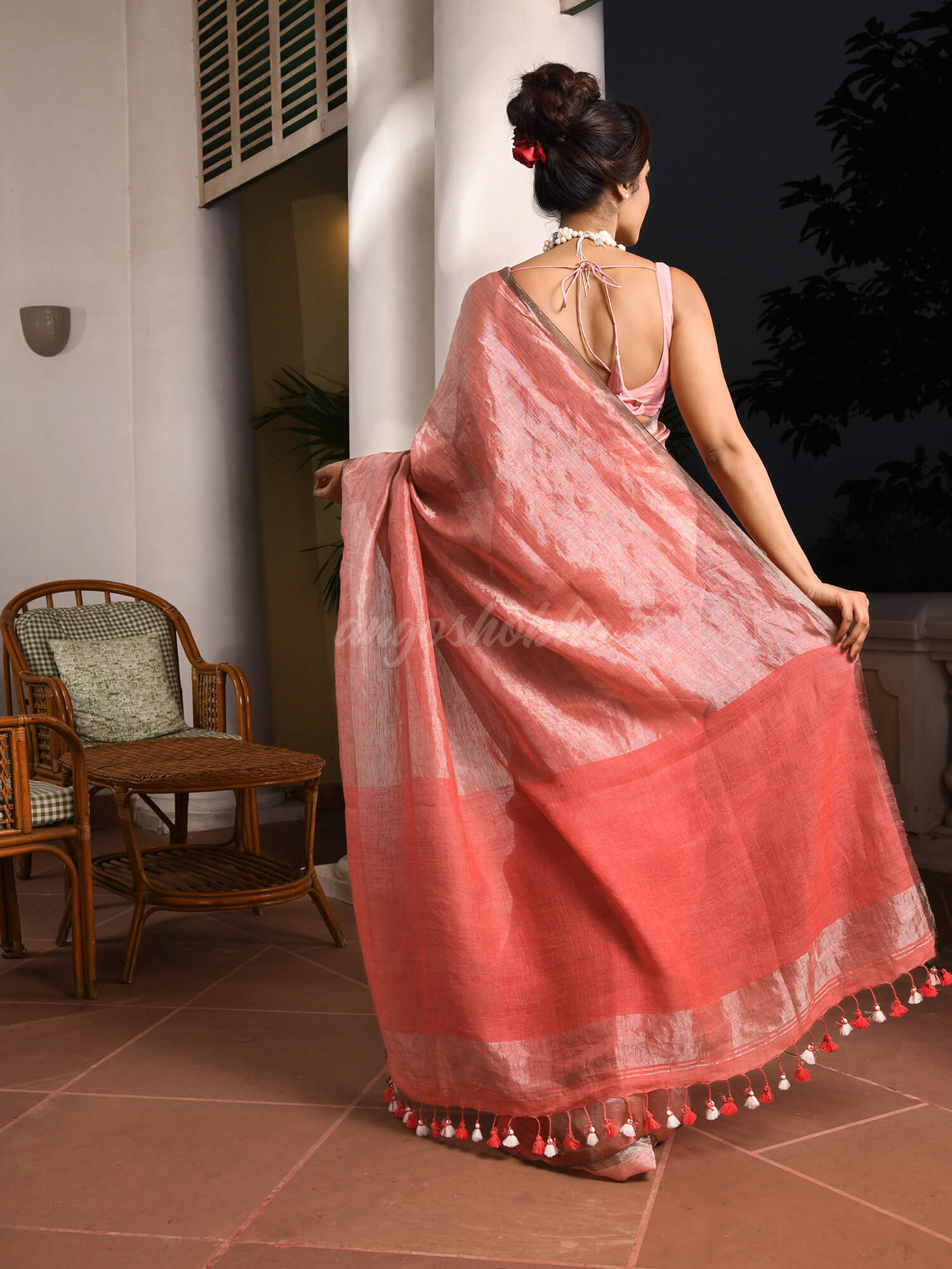 Peach Orange Linen Zari Tissue Handwoven tissue saree