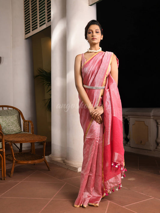 Rani Pink Linen Zari Tissue Handwoven tissue saree