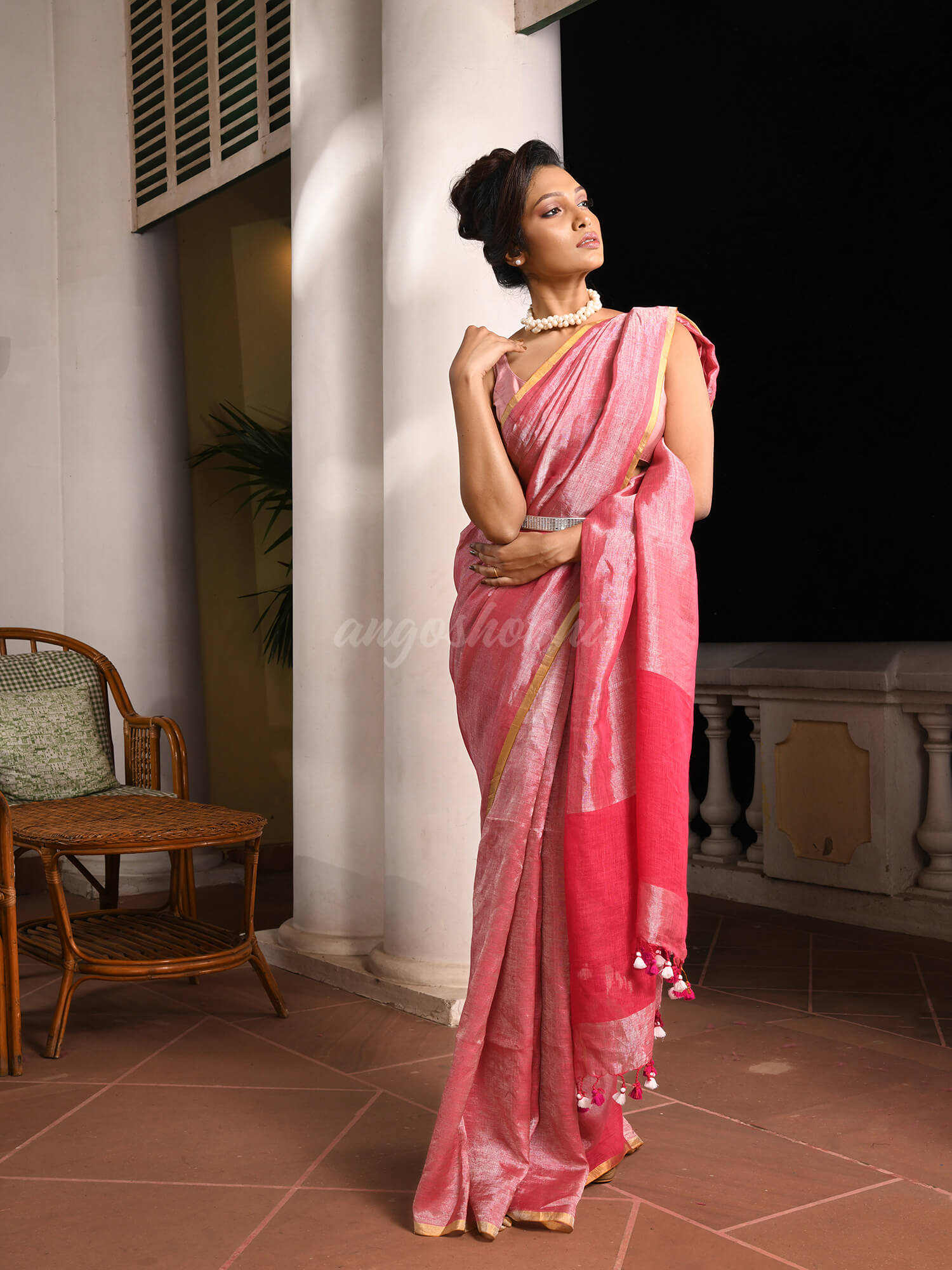 Rani Pink Linen Zari Tissue Handwoven tissue saree
