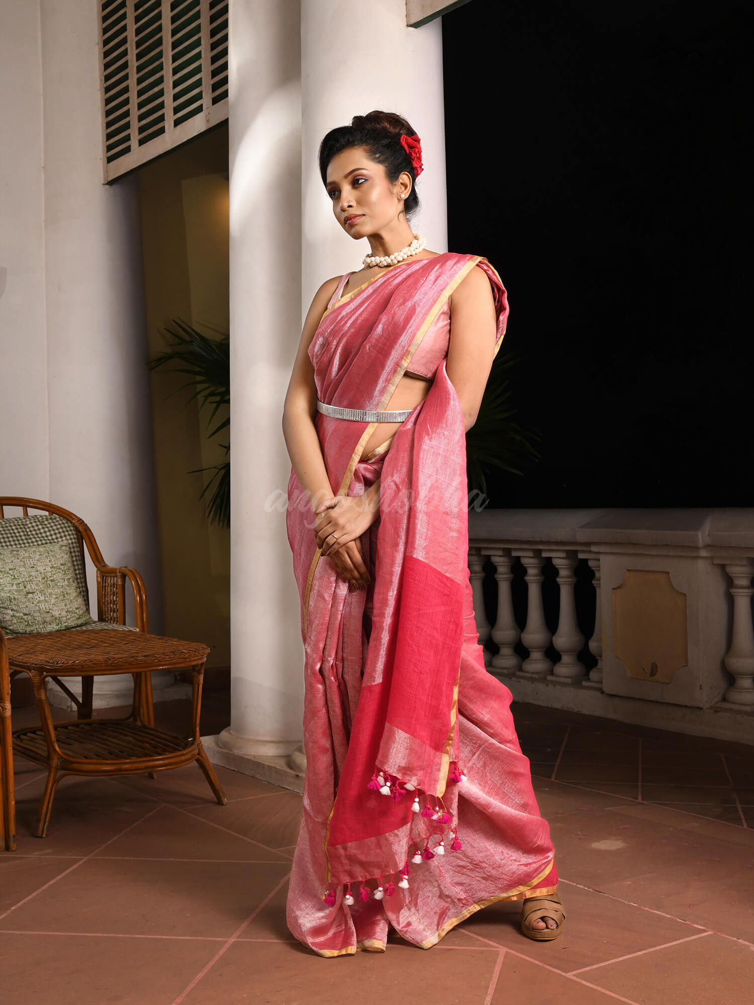 Rani Pink Linen Zari Tissue Handwoven tissue saree