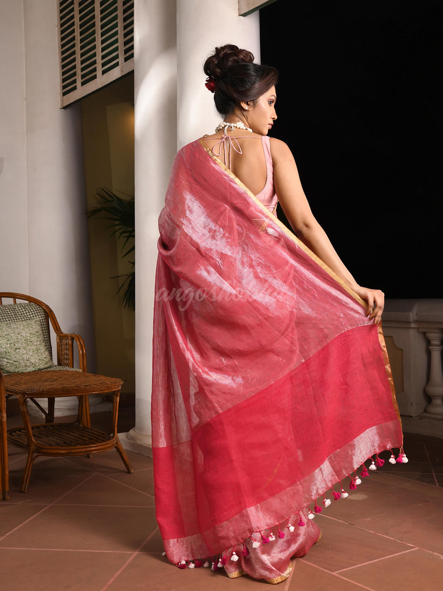 Rani Pink Linen Zari Tissue Handwoven tissue saree
