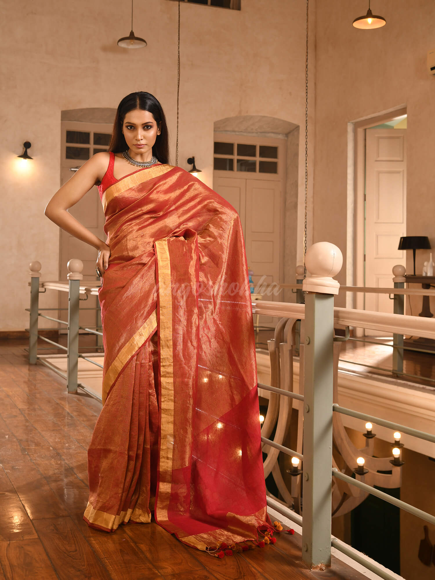 Maroon Linen Zari Tissue Handwoven Saree