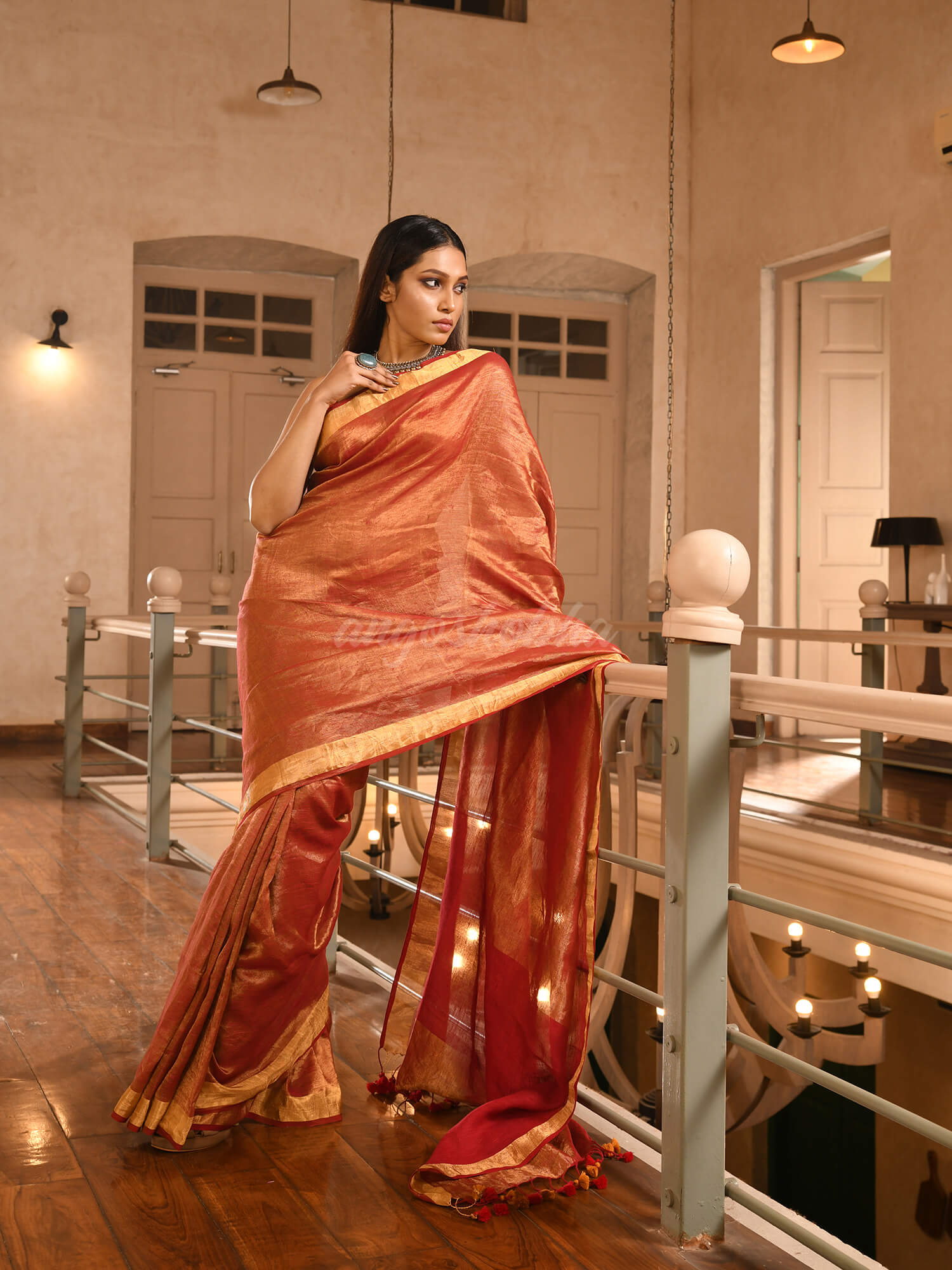 Maroon Linen Zari Tissue Handwoven tissue Saree