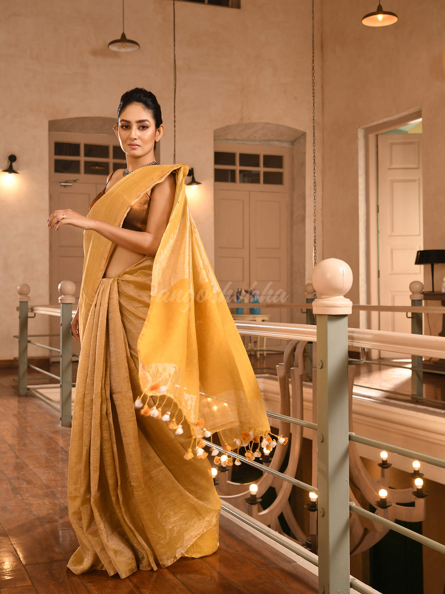 Mustard Linen Zari Tissue Handwoven Saree