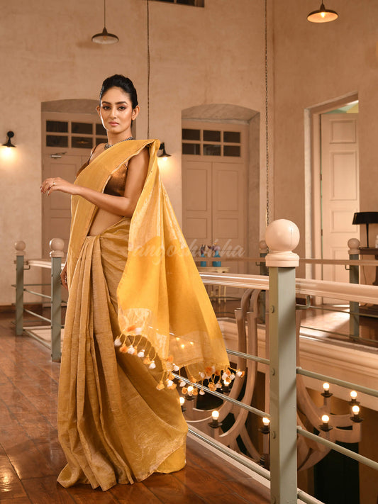 Mustard Linen Zari Tissue Handwoven tissue Saree