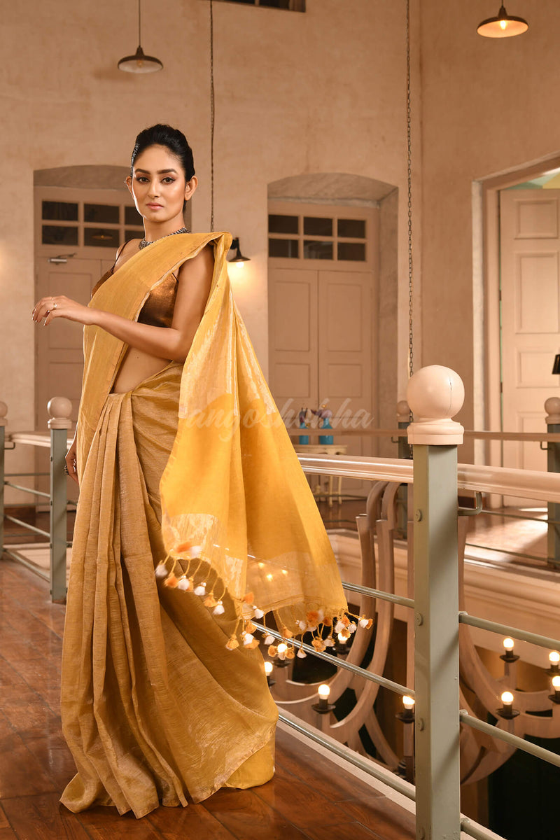 Mustard Linen Zari Tissue Handwoven Saree