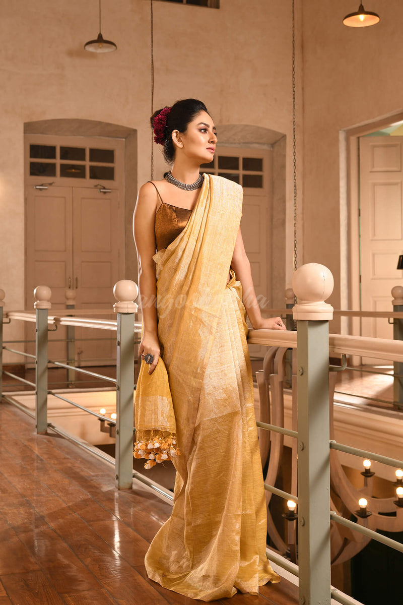 Mustard Linen Zari Tissue Handwoven Saree