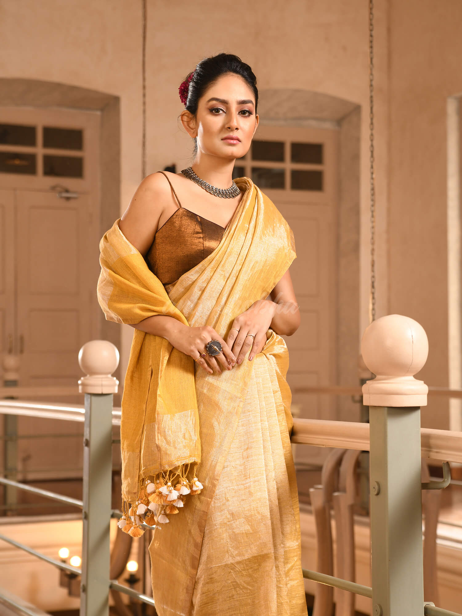 Mustard Linen Zari Tissue Handwoven tissue Saree