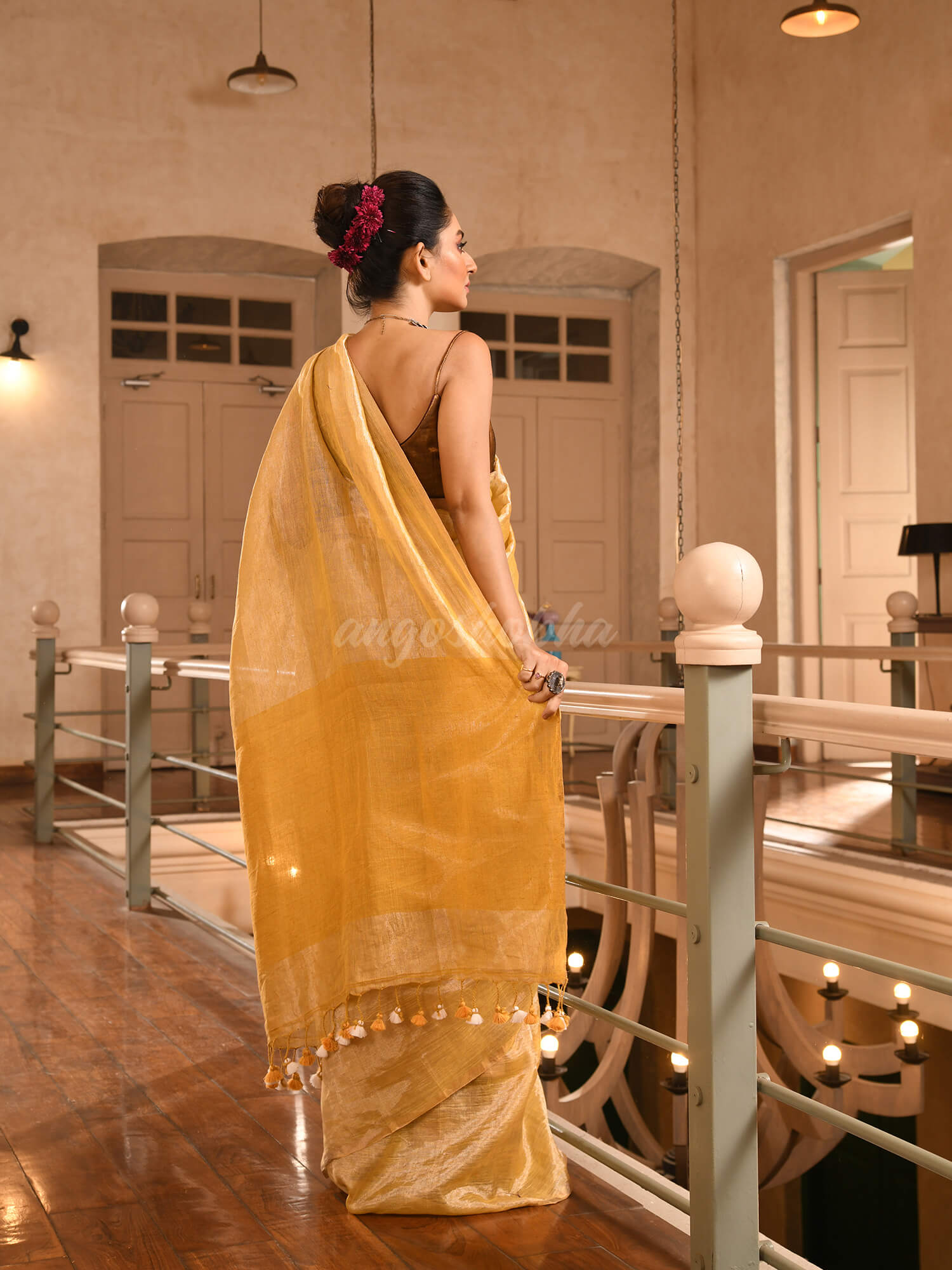 Mustard Linen Zari Tissue Handwoven tissue Saree