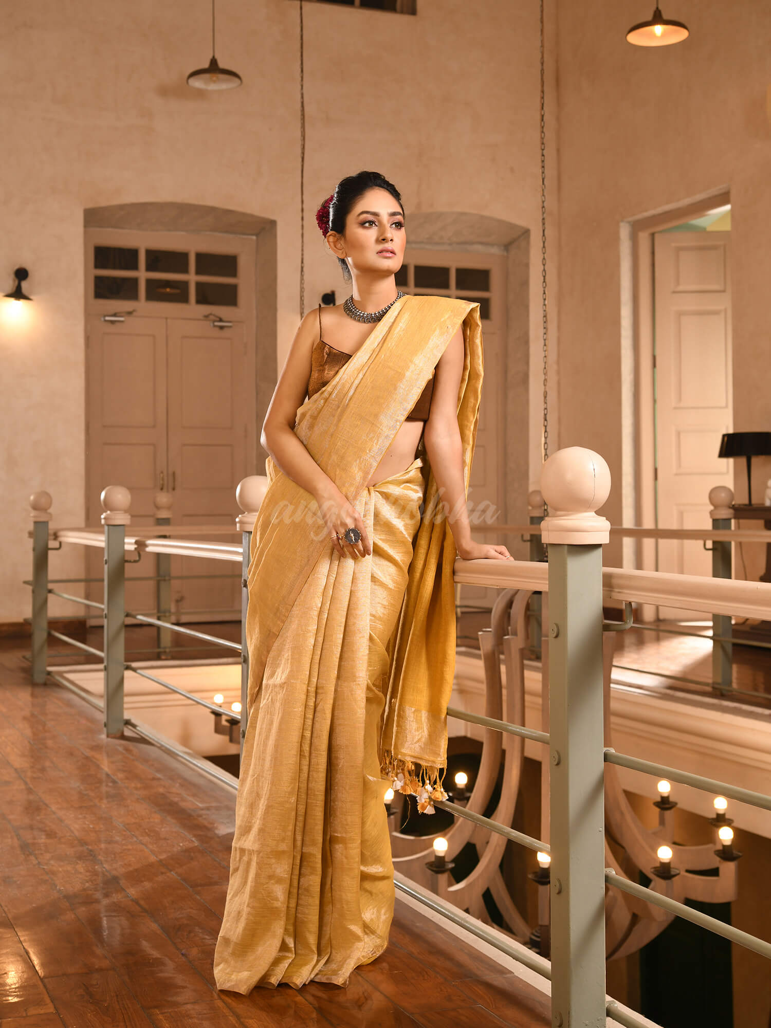 Mustard Linen Zari Tissue Handwoven tissue Saree