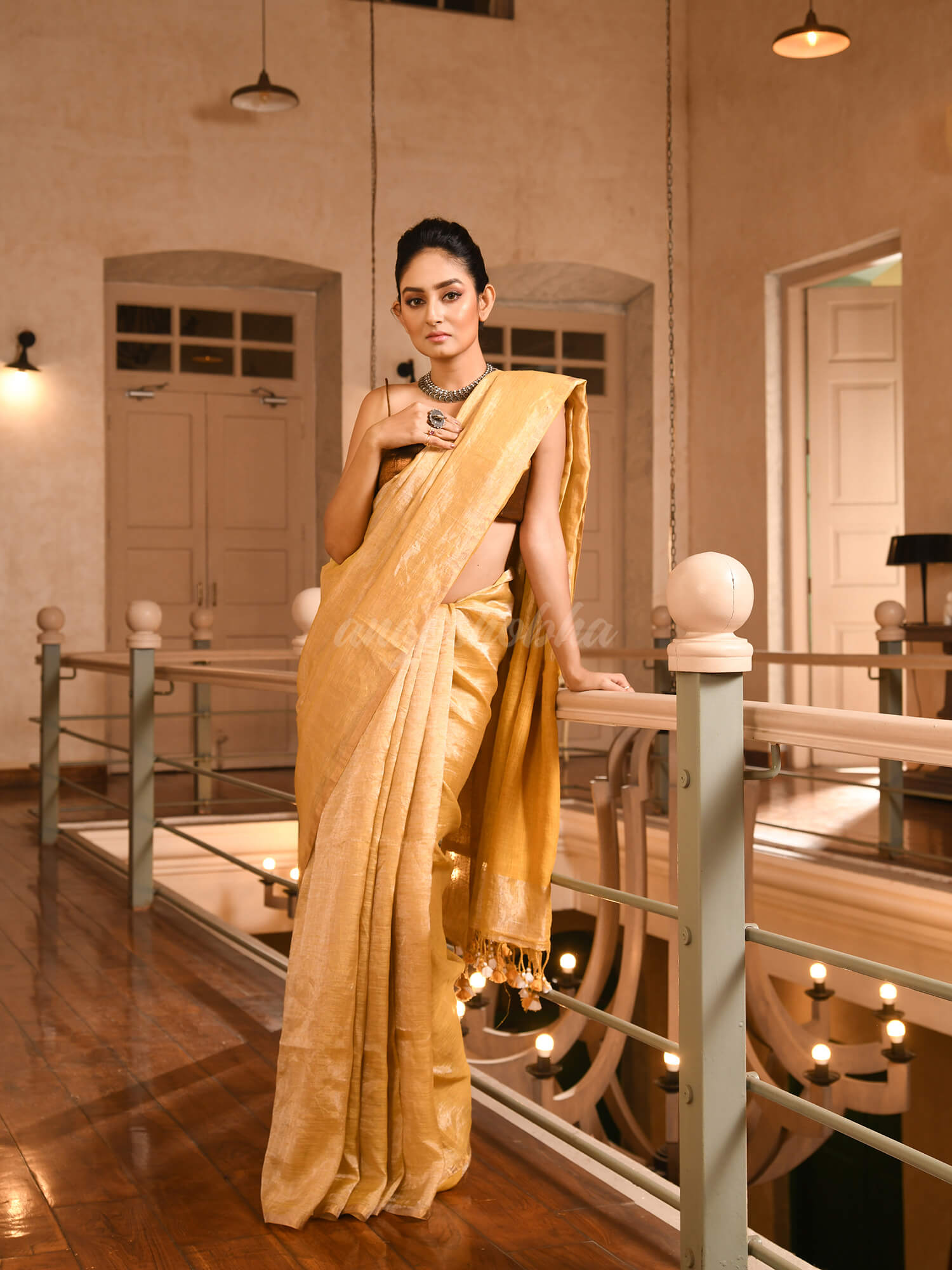 Mustard Linen Zari Tissue Handwoven tissue Saree
