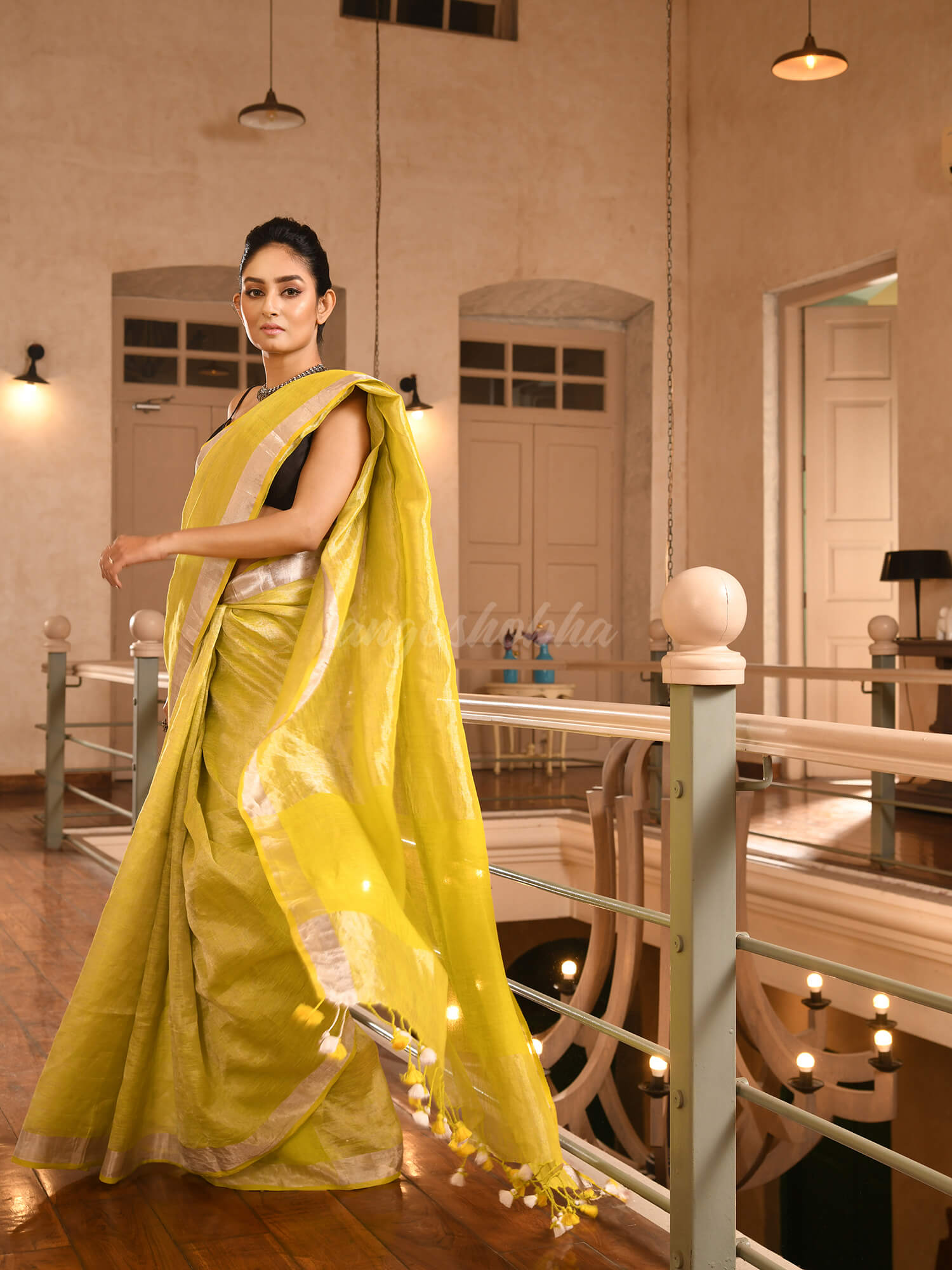 Lime Green Linen Zari Tissue Handwoven tissue Saree