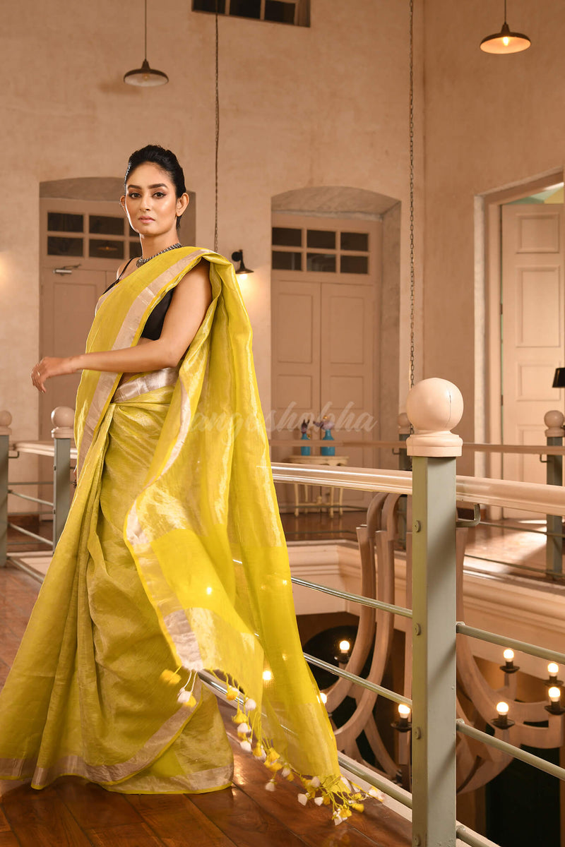 Lime Green Linen Zari Tissue Handwoven Saree