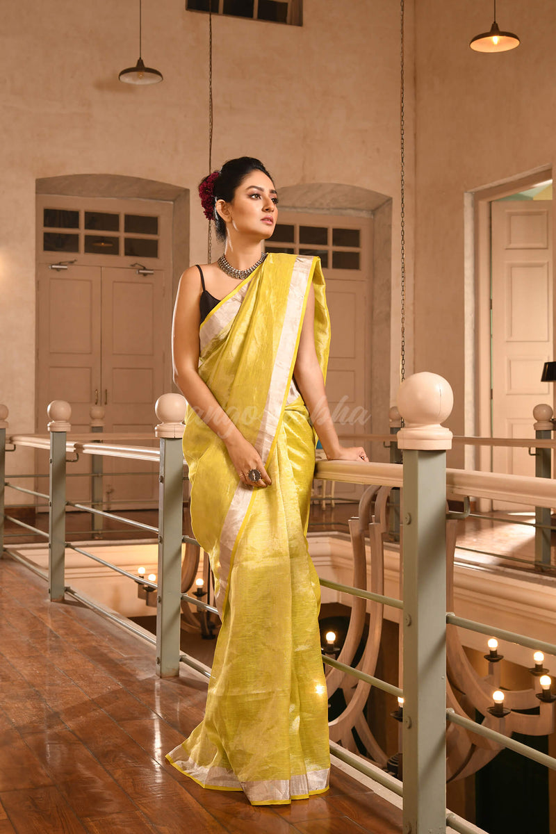 Lime Green Linen Zari Tissue Handwoven Saree
