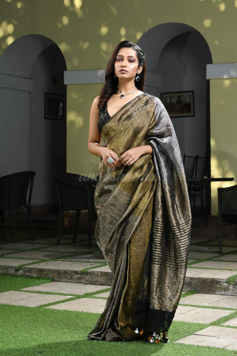 Multi Colour Linen Zari Tissue Handwoven Saree