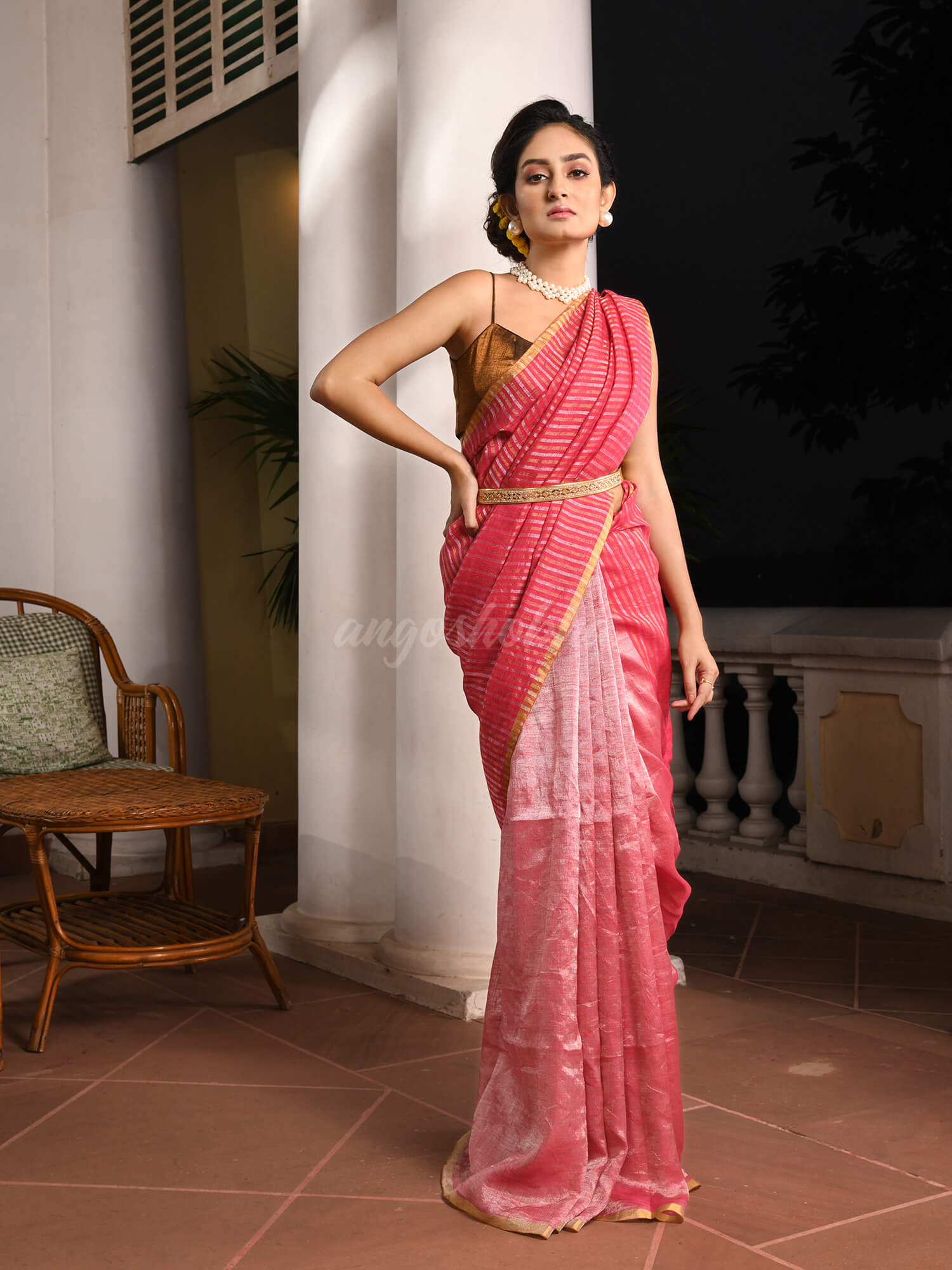 Fuchsia Pink Linen Zari With Pallu Multi Colour Zari Check Tissue Handwoven Saree