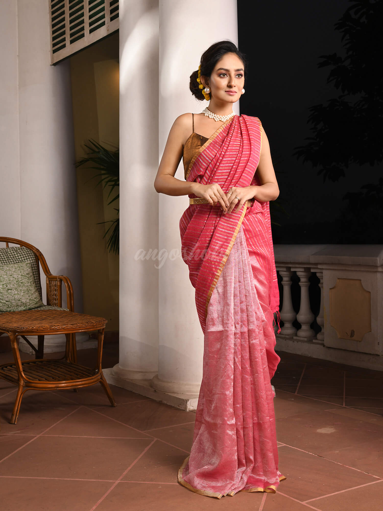 Fuchsia Pink Linen Zari With Pallu Multi Colour Zari Check Tissue Handwoven Saree