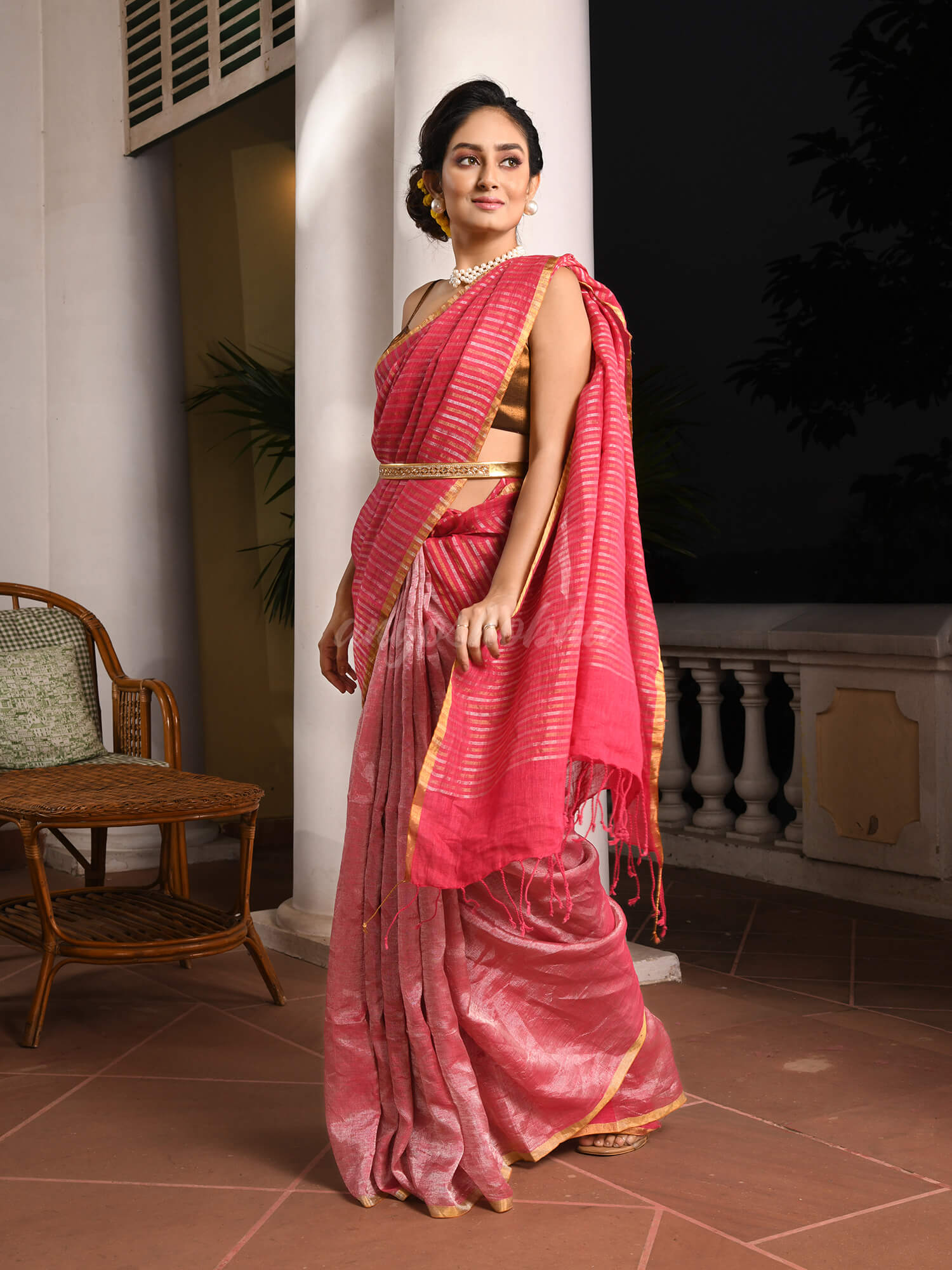 Fuchsia Pink Linen Zari With Pallu Multi Colour Zari Check Tissue Handwoven Saree