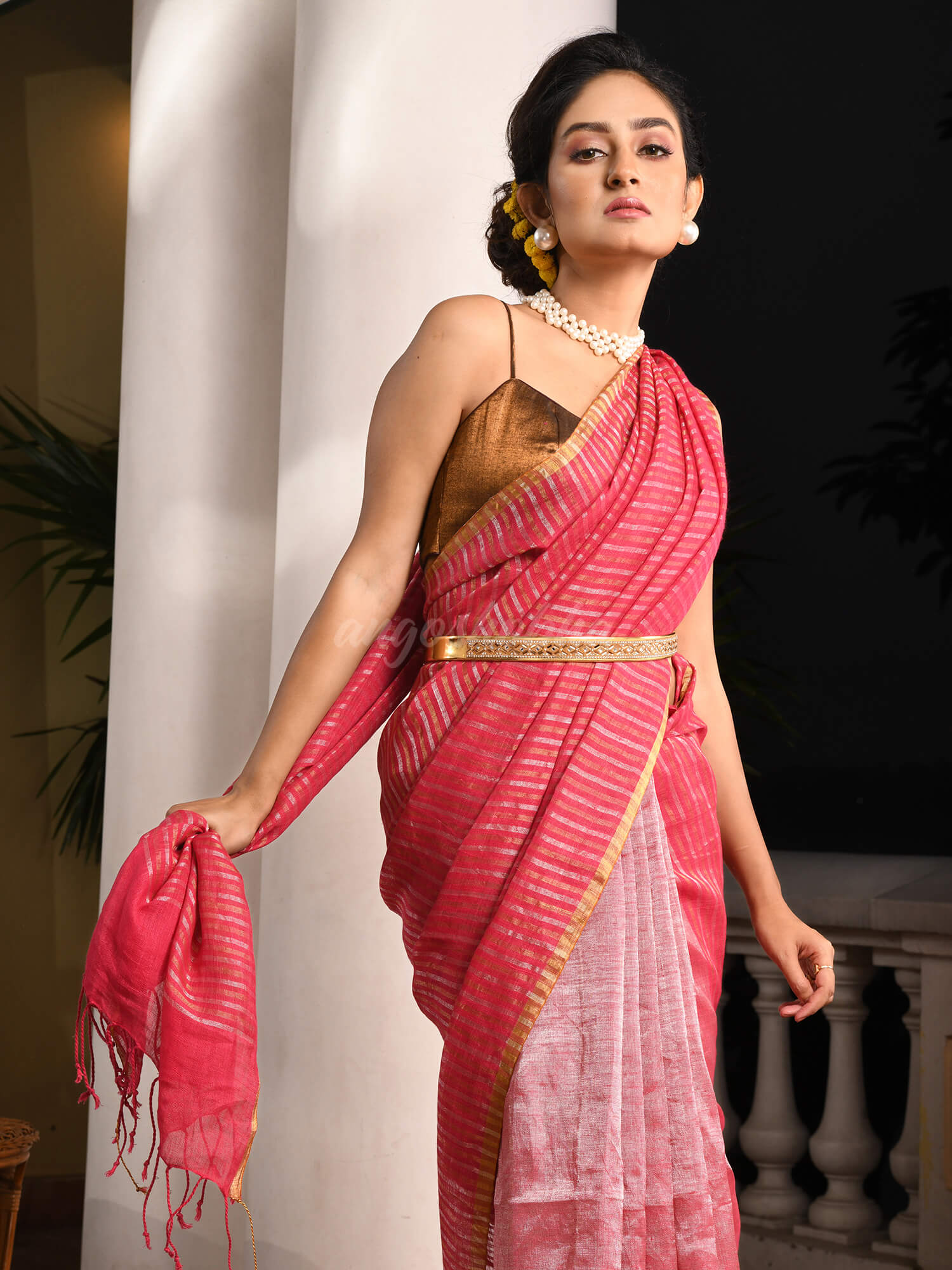 Fuchsia Pink Linen Zari With Pallu Multi Colour Zari Check Tissue Handwoven Saree