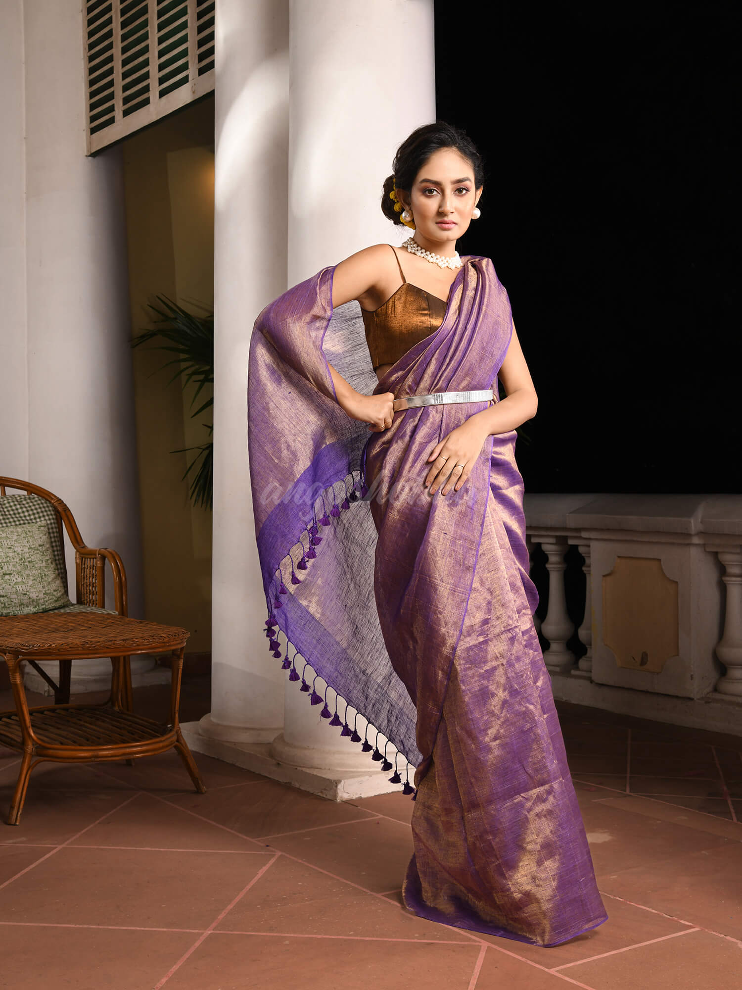 Violet Linen Zari Gold Handwoven Tissue Saree