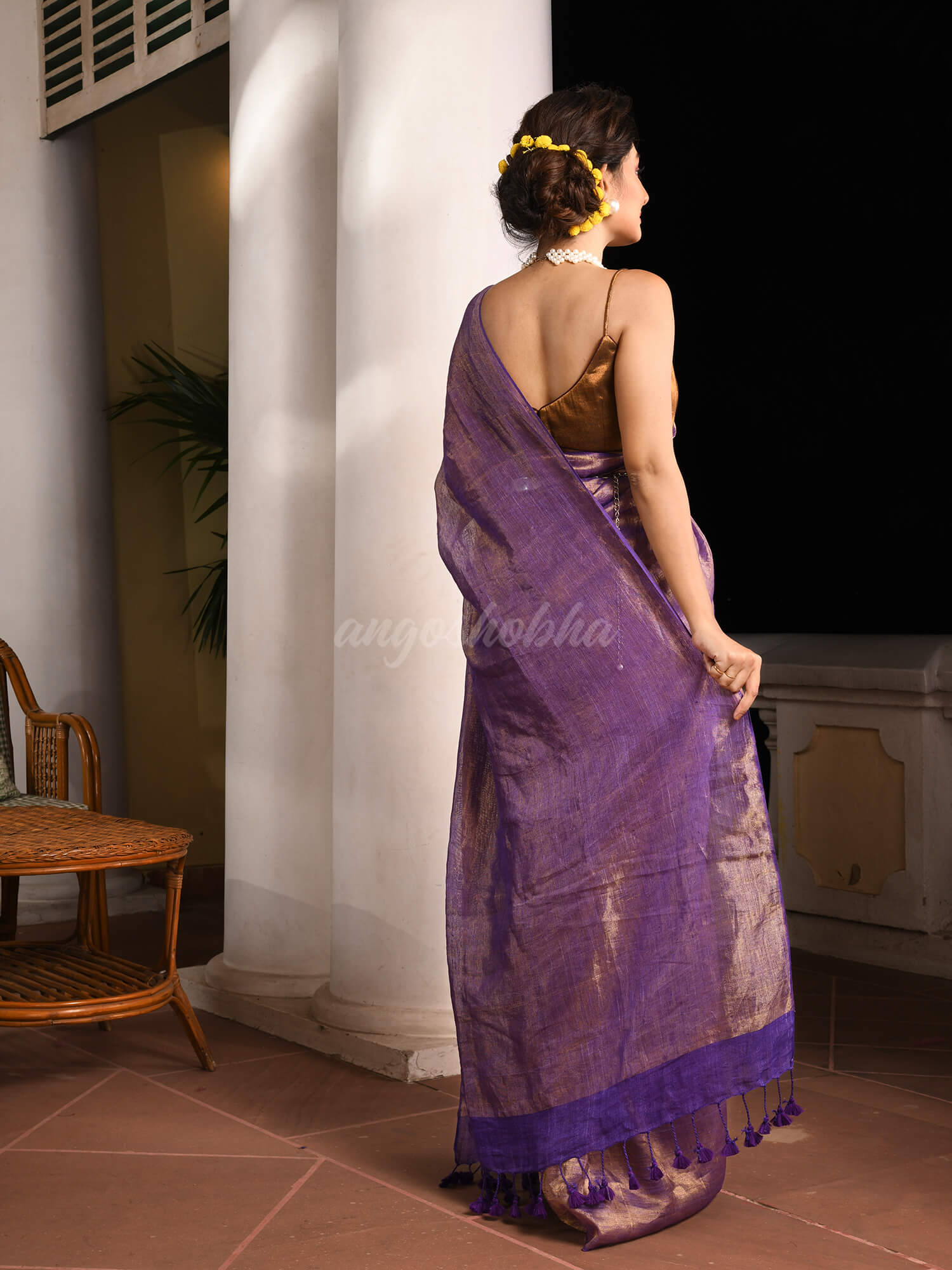 Violet Linen Zari Gold Handwoven Tissue Saree