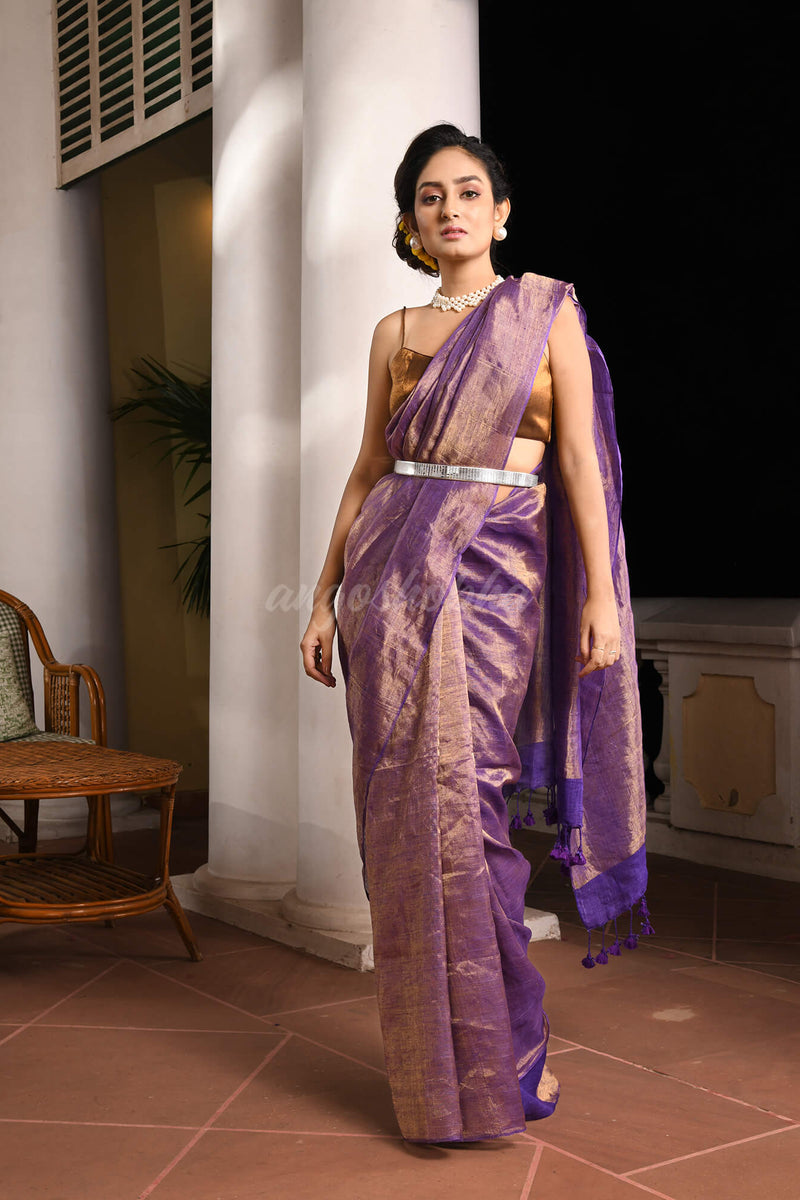 Violet Linen Zari Gold Handwoven Tissue Saree