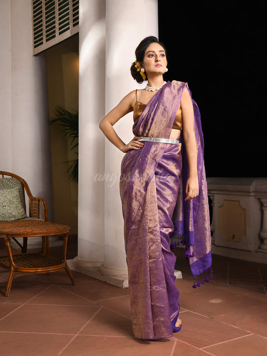 Violet Linen Zari Gold Handwoven Tissue Saree