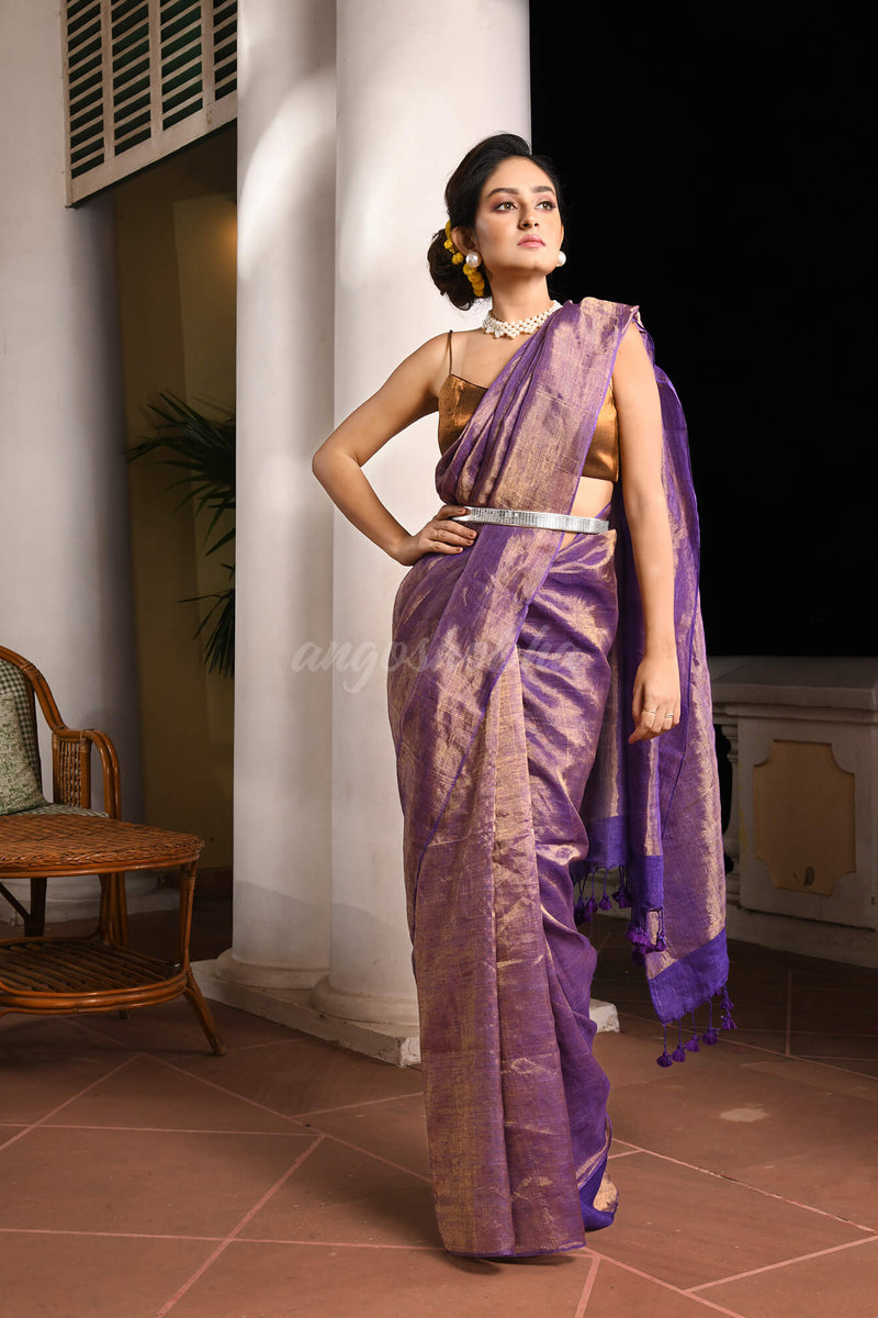 Violet Linen Zari Gold Handwoven Tissue Saree