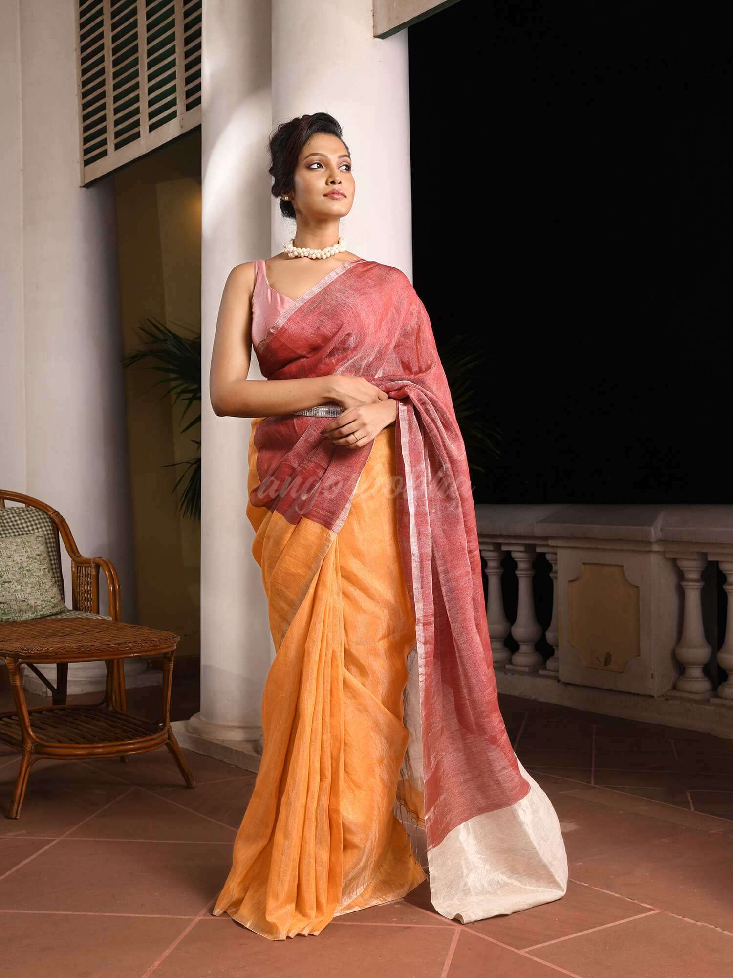 Mustard & Maroon Linen Zari Handwoven tissue Saree
