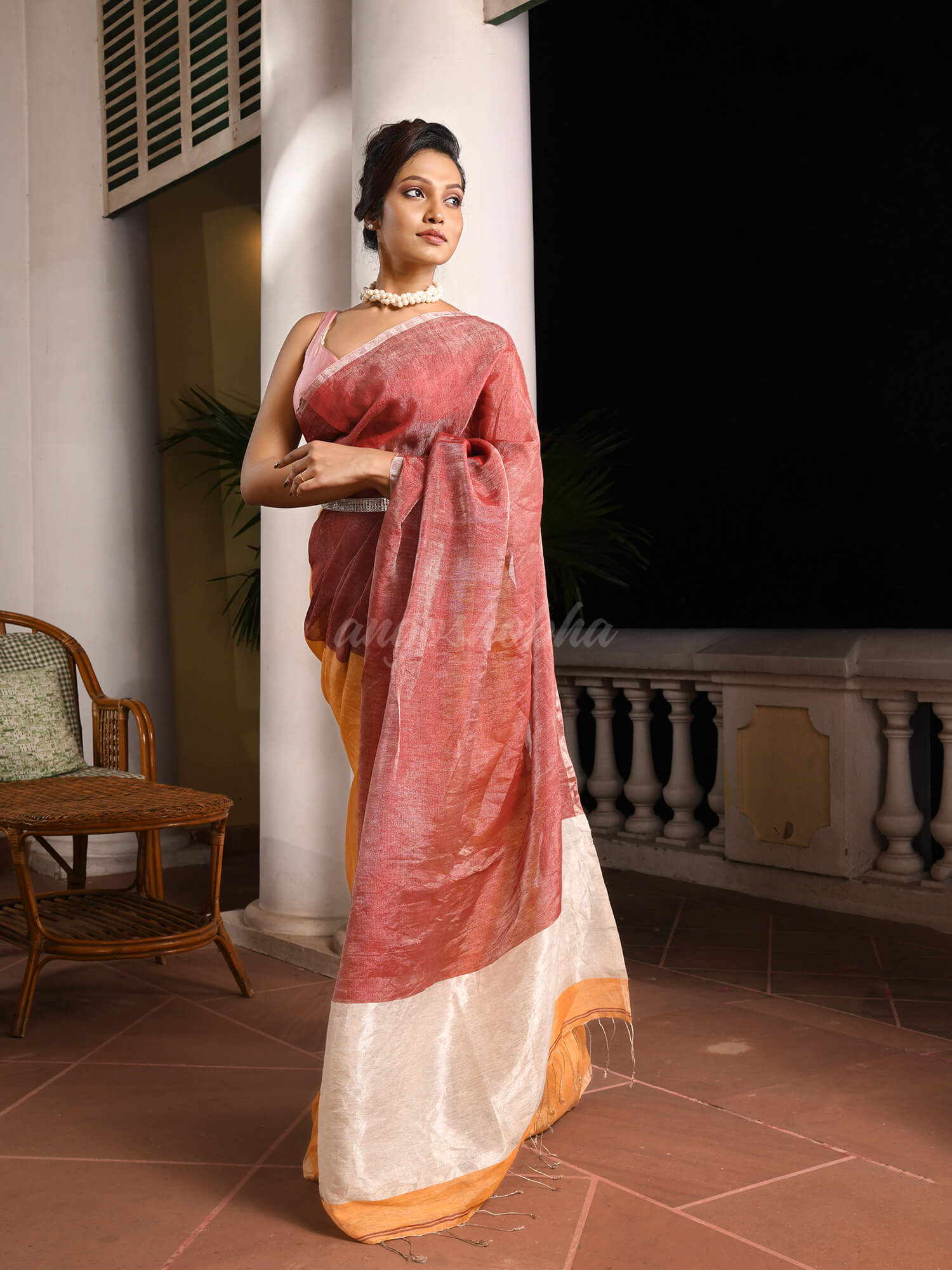 Mustard & Maroon Linen Zari Handwoven tissue Saree