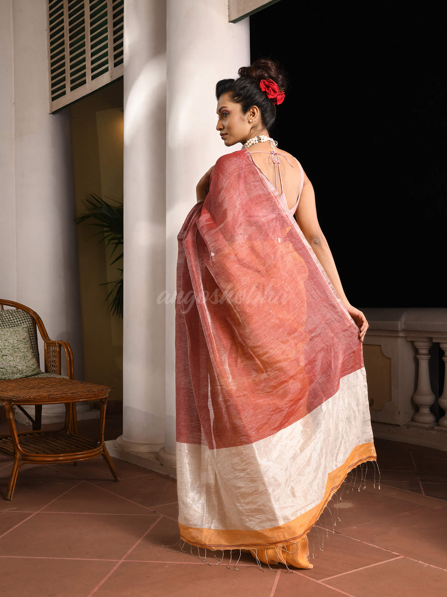 Mustard & Maroon Linen Zari Handwoven tissue Saree