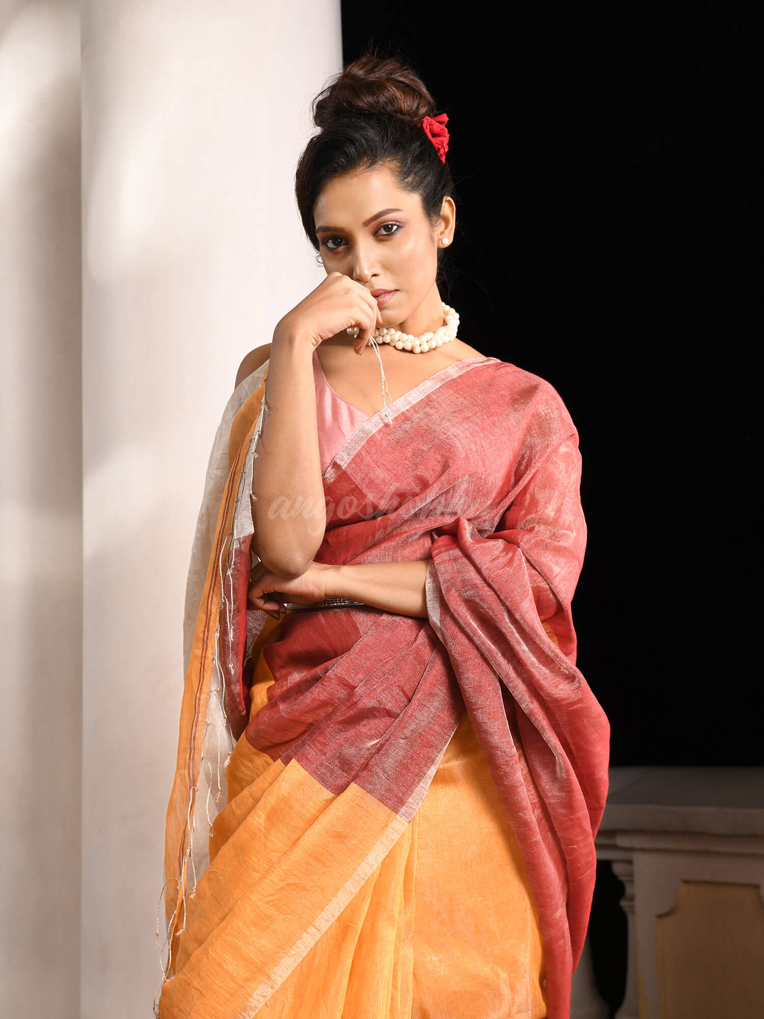 Mustard & Maroon Linen Zari Handwoven tissue Saree