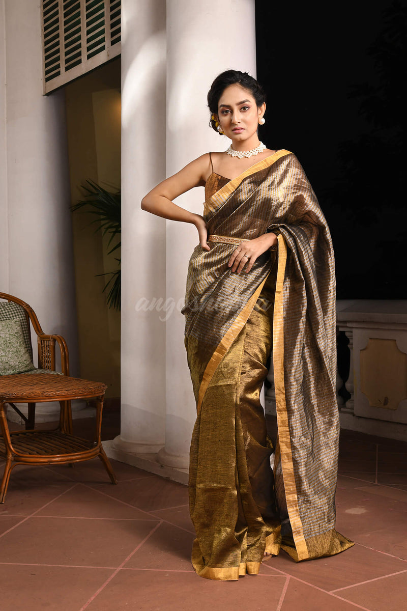 Golden Linen With Pallu Silver Zari Check Handwoven Tissue Saree