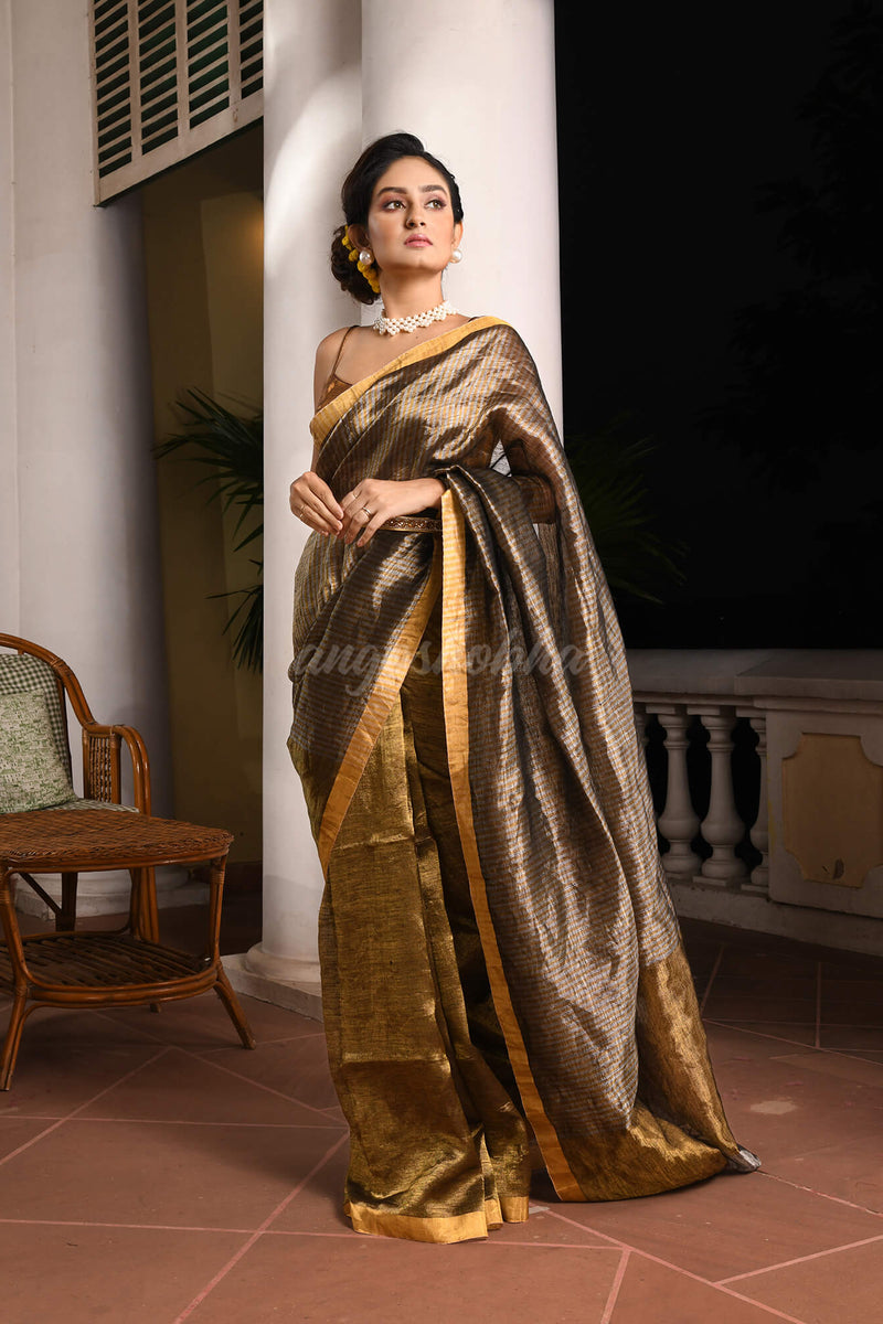 Golden Linen With Pallu Silver Zari Check Handwoven Tissue Saree