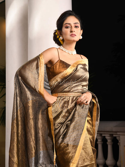 Golden Linen With Pallu Silver Zari Check Handwoven Tissue Saree