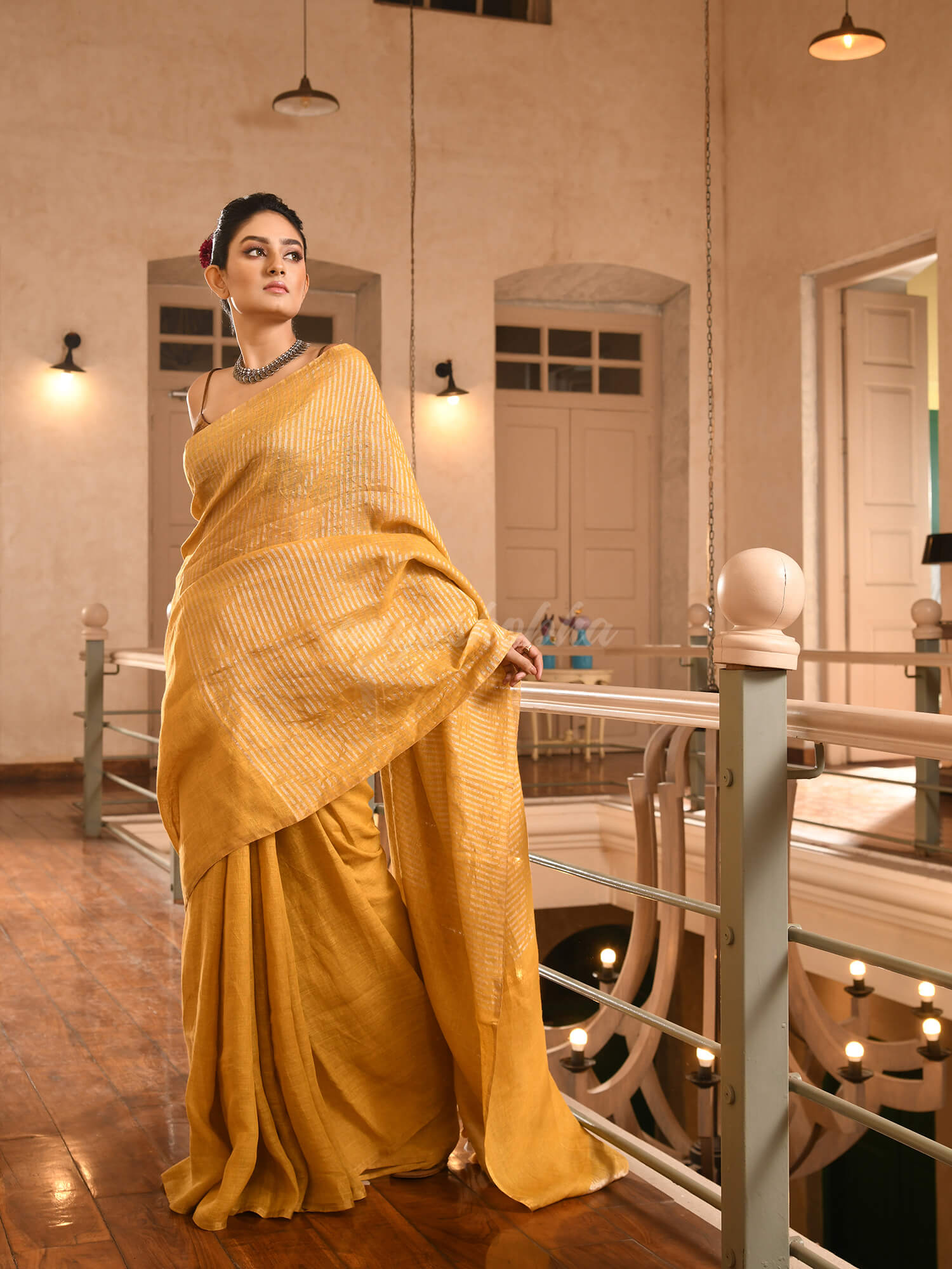 Mustard Linen With Pallu Silver Zari Check Handwoven Saree