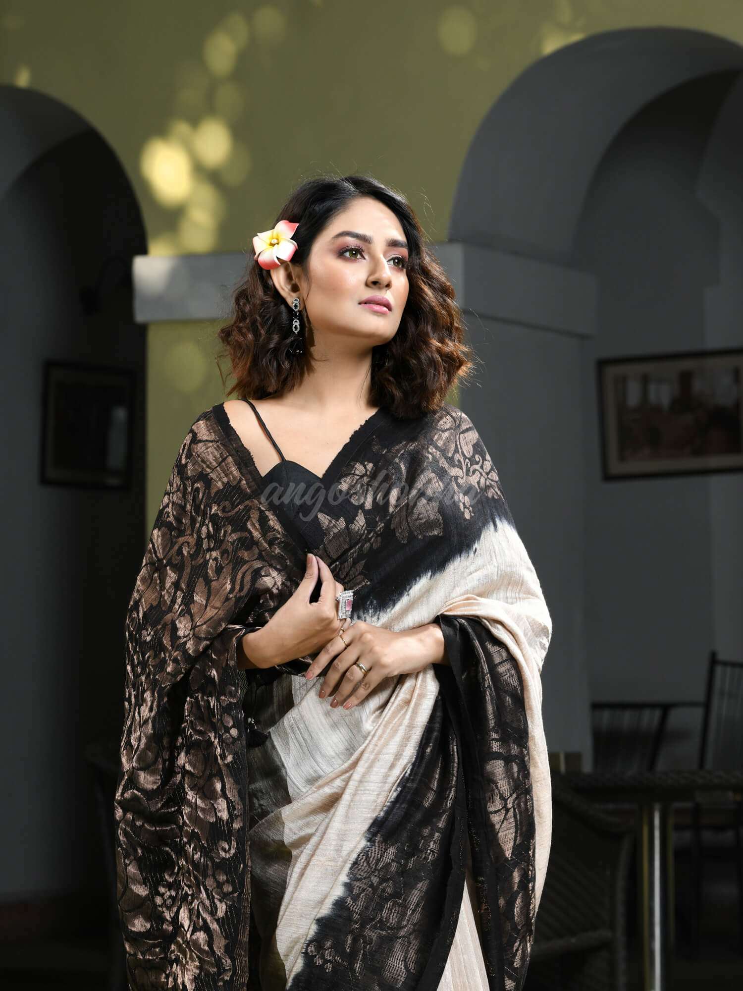 Beige Matka Silk Black Taidai Jacquard Saree