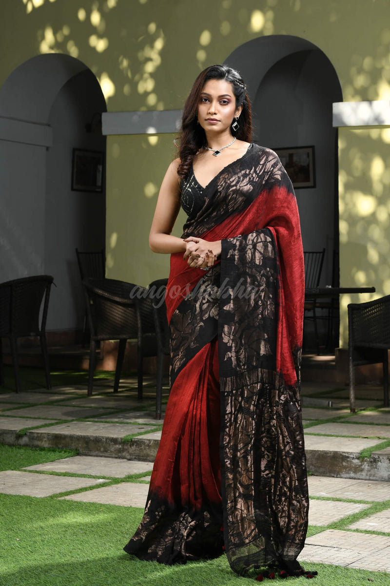 Maroon Matka Silk Black Taidai Jacquard Saree