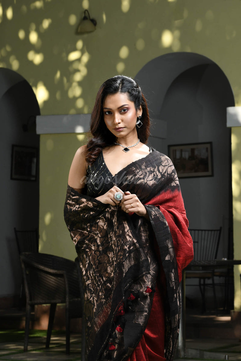 Maroon Matka Silk Black Taidai Jacquard Saree