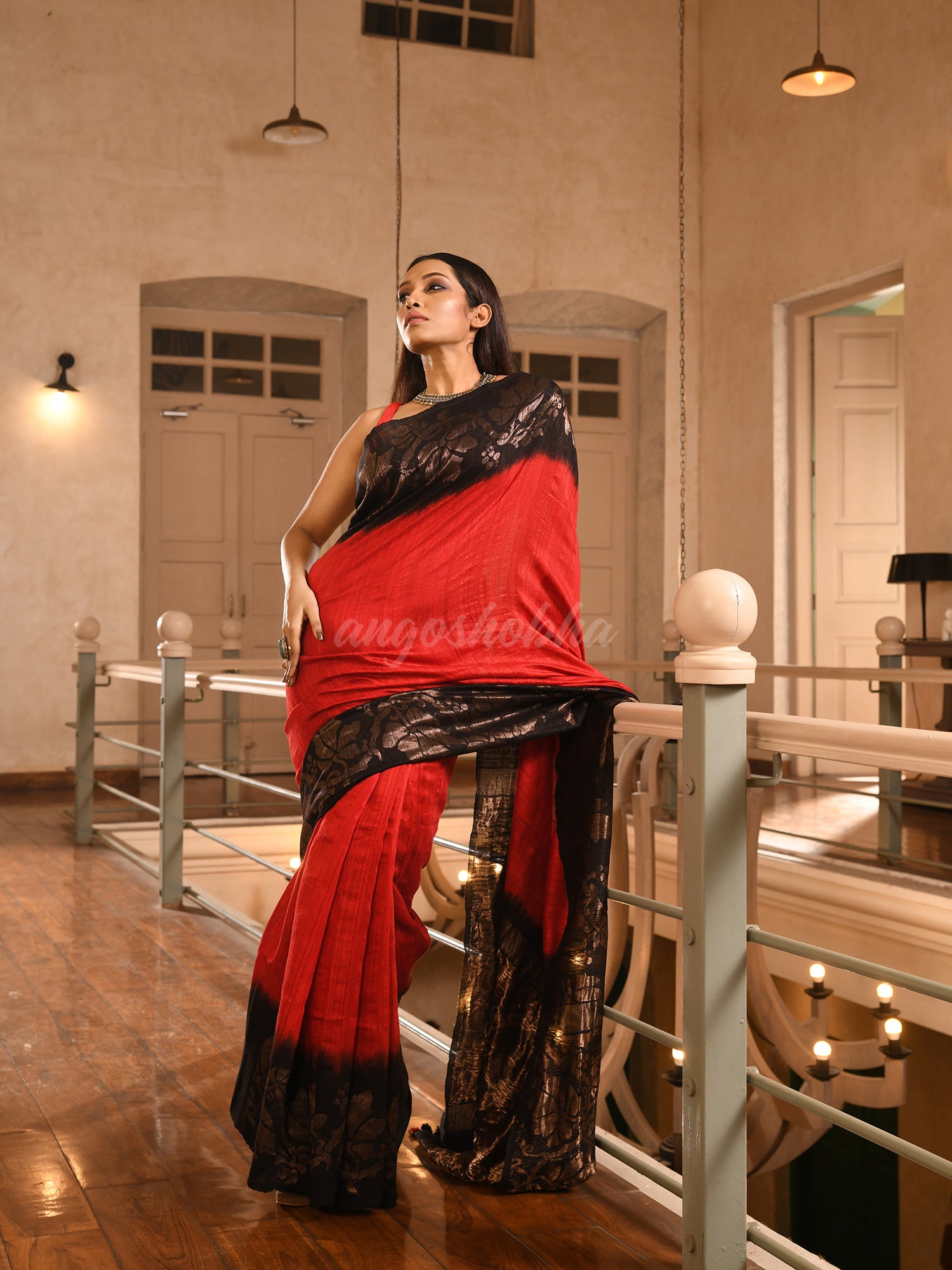 Red Matka Silk Black Taidai Jacquard Saree