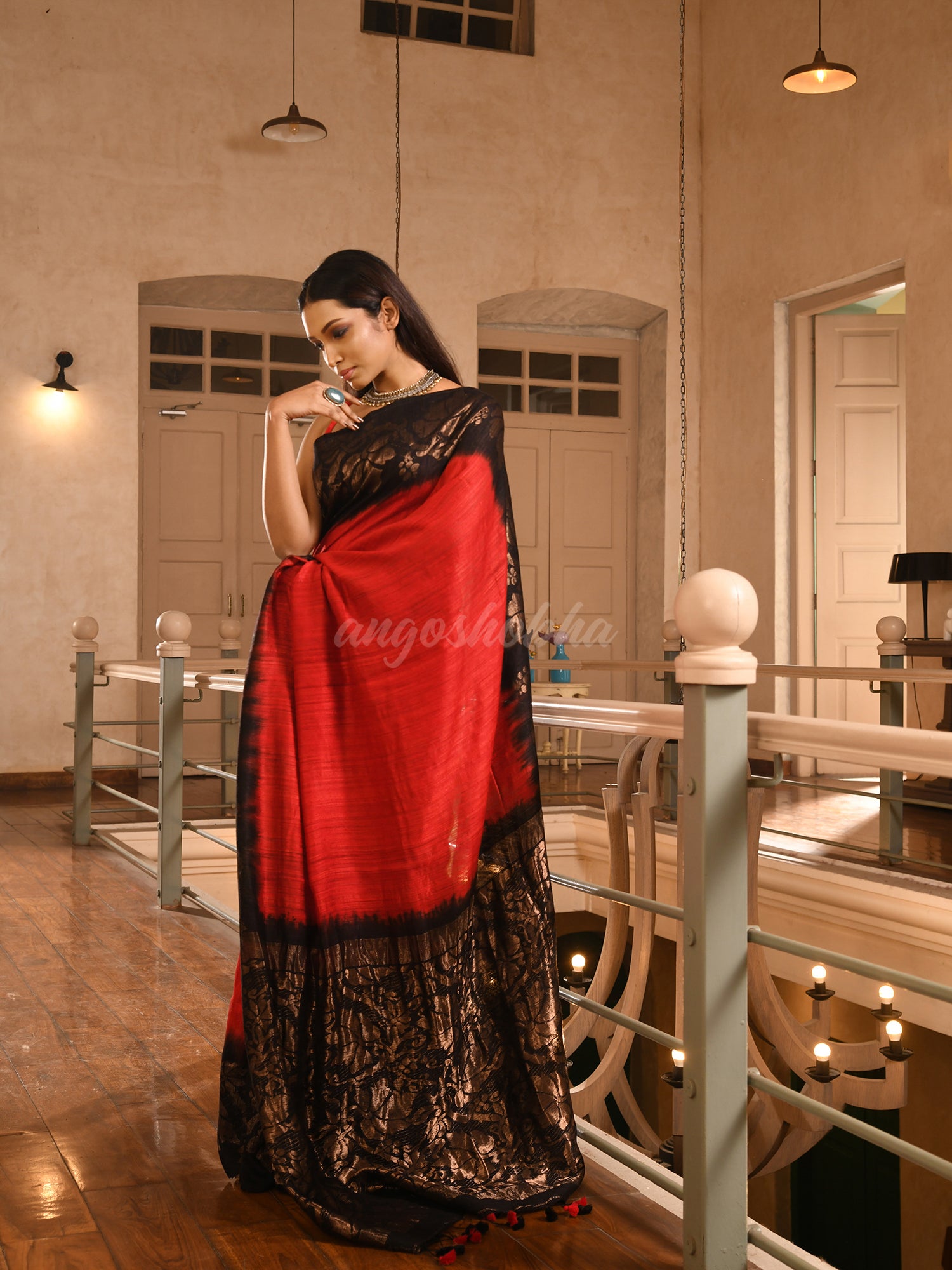 Red Matka Silk Black Taidai Jacquard Saree