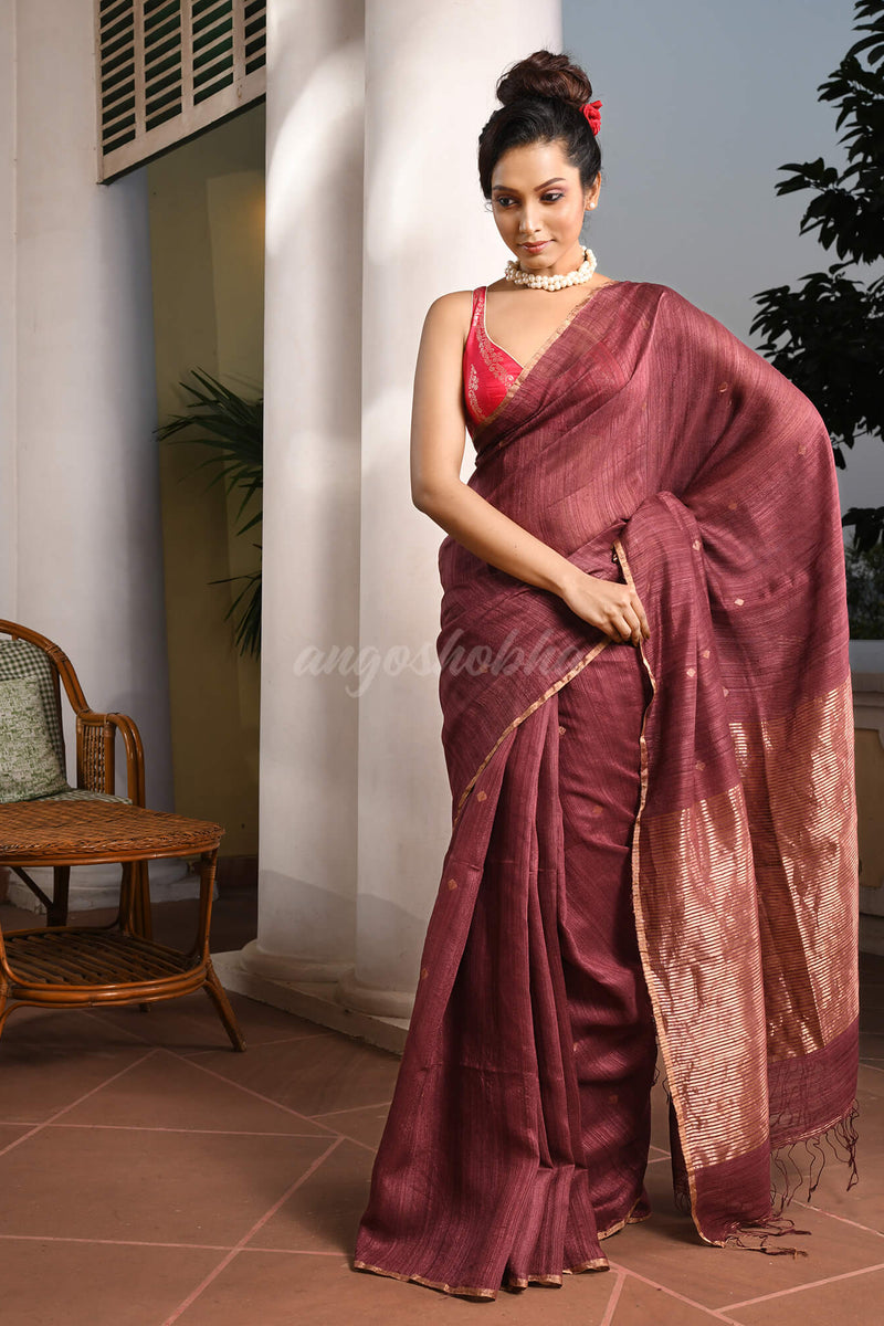 Dark Mauve Silk Matka All Body Buti Handwoven Saree