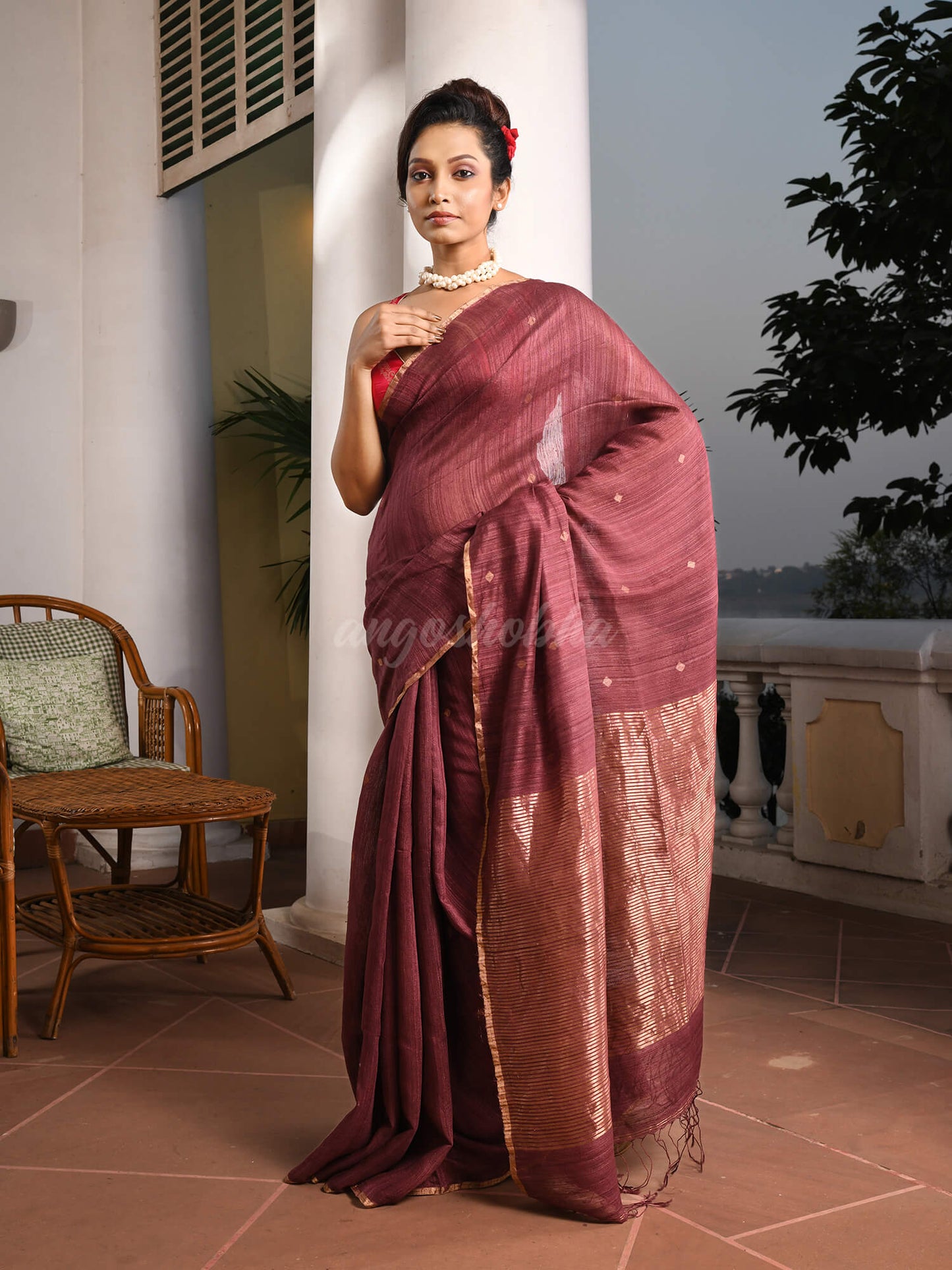 Dark Mauve Silk Matka All Body Buti Handwoven Saree