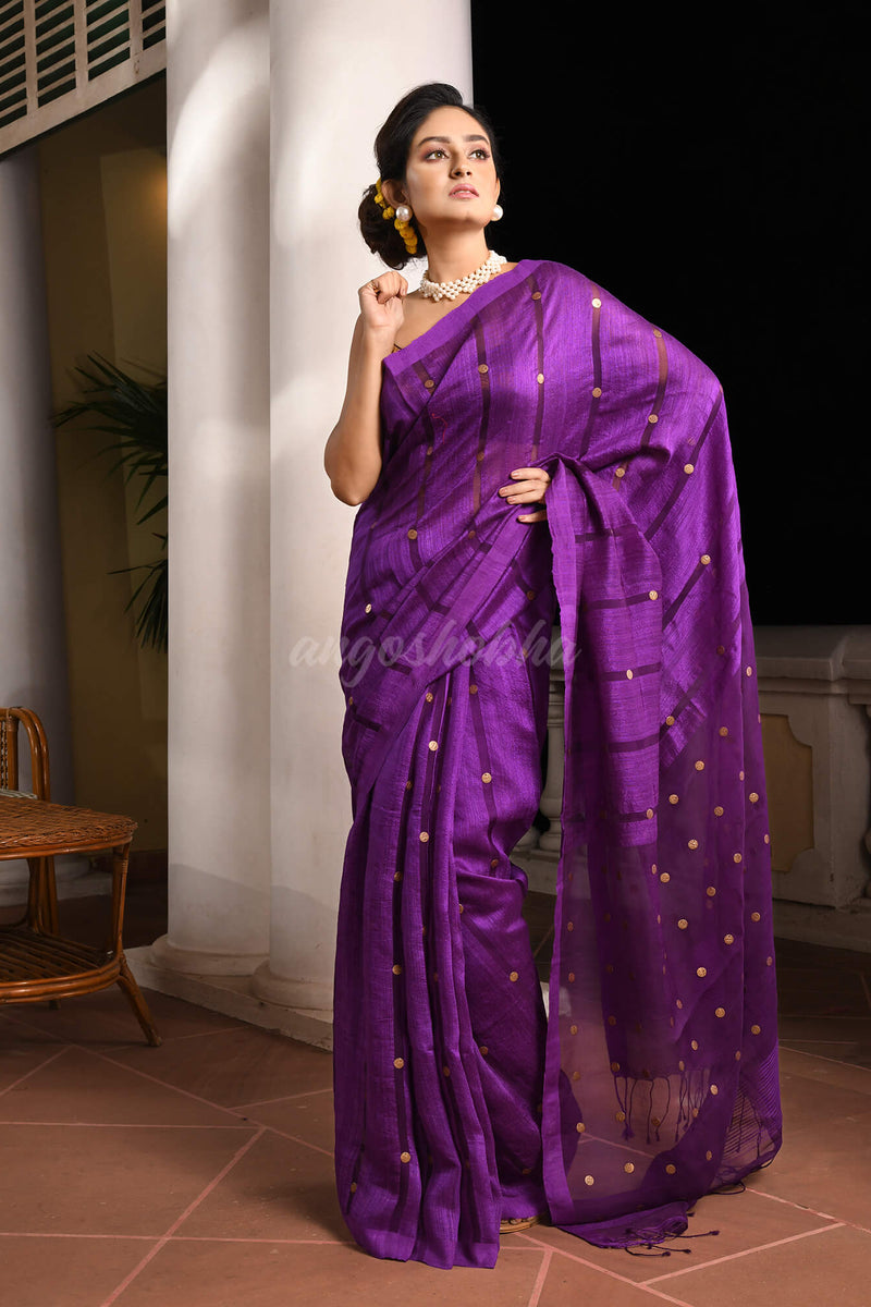 Violet Silk Matka All Body Guinea Sequence Handwoven Saree