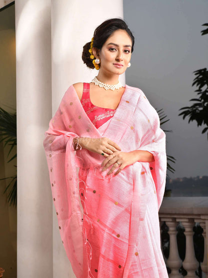 Baby Pink Silk Matka All Body Guinea Sequence Handwoven Saree